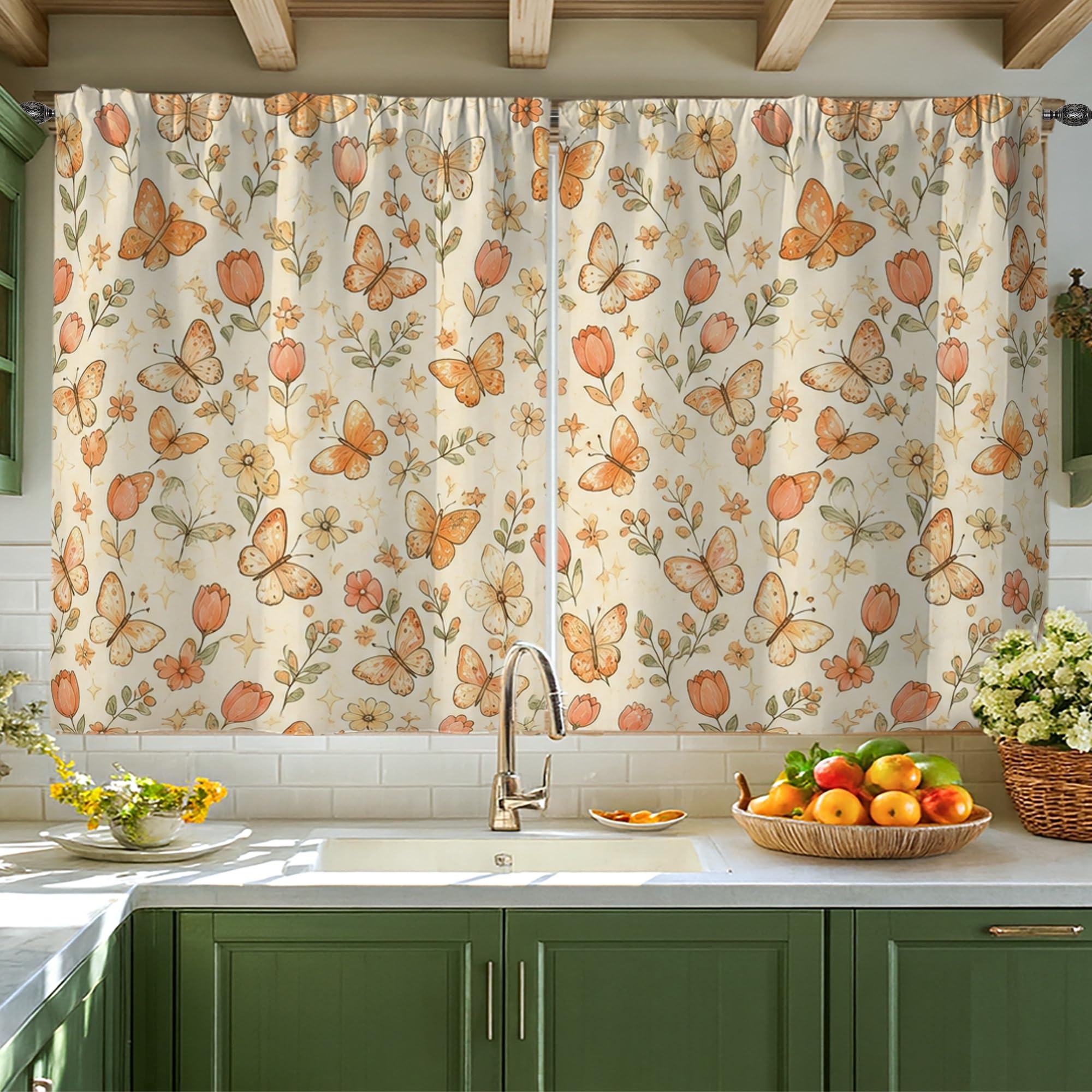 Rideaux de cuisine papillon orange pour égayer la fenêtre de votre évier