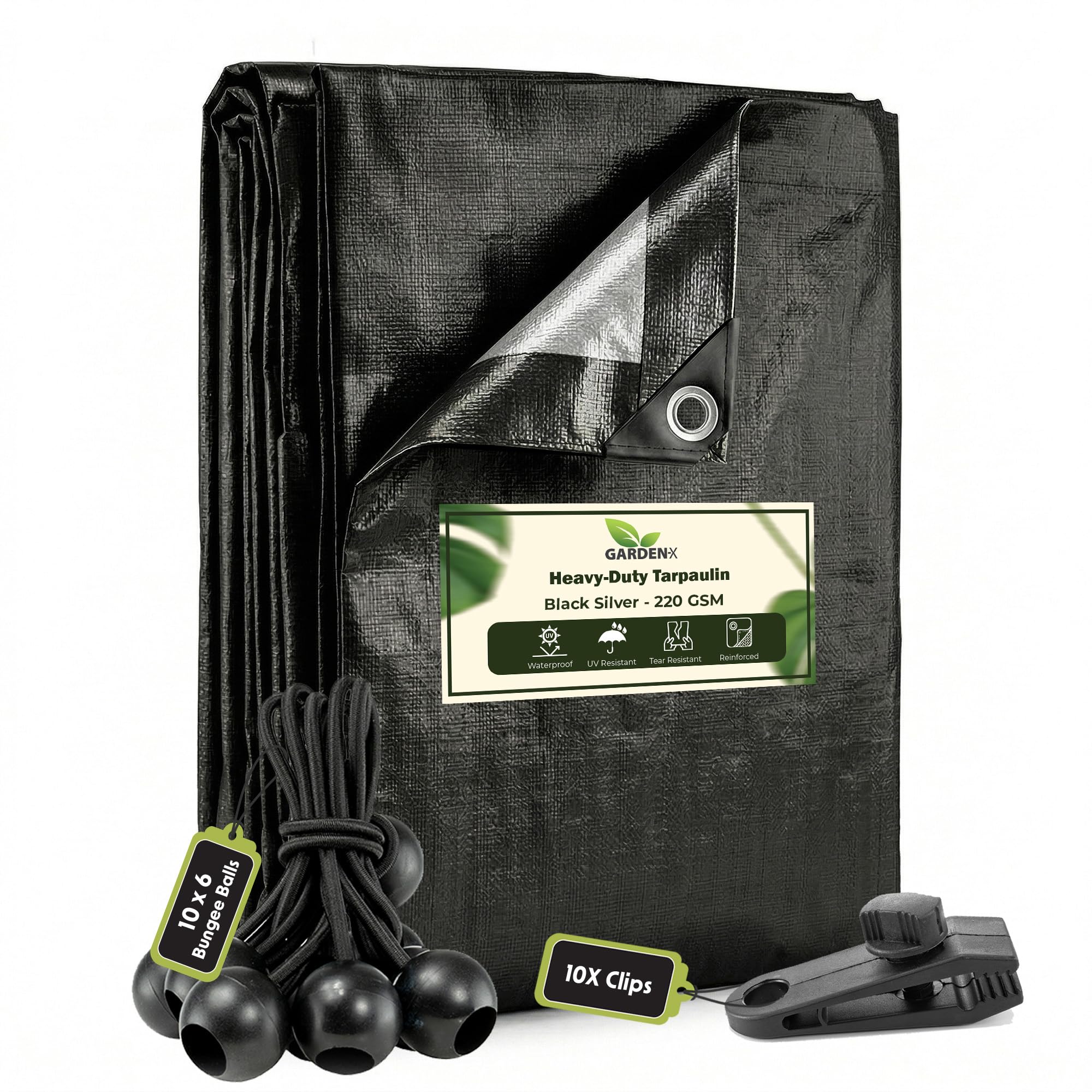 Gardenix Black/Silver + 10 X 6" Bungee Balls (Black) + 10 X Screw Type Tarp Clips 2M X 3M Heavy Duty 220Gsm- Eyelets Every 50 Cm Tarpaulin Waterproof Tarp Sheet Cover, Groundsheet, Multipurpose, Reinforced + 10 X 6" Bungee Balls () + 10 X Screw Type Tarp Clips