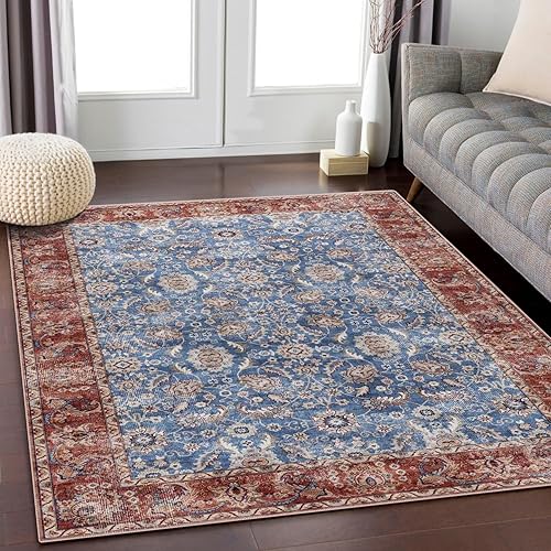 Miniatura 2 de Alfombra de área de 5 x 7, resistente a las manchas, lavable, para sala de estar, de inspiración vintage (azulfloral óxido, 5 x 7 pies)
