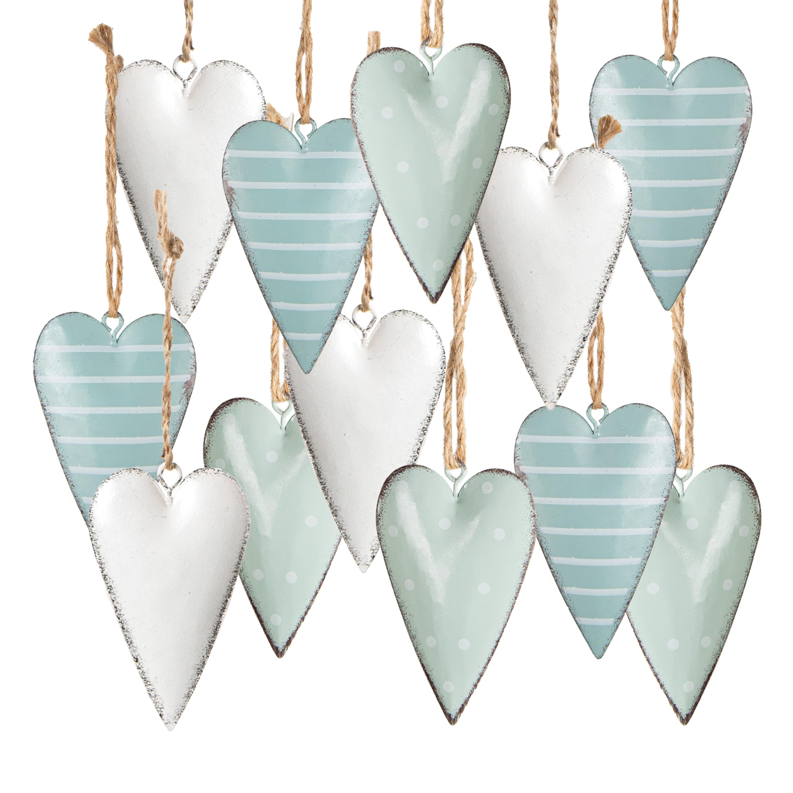 3 Ciondoli Cuore Metallico Verde Menta/Crema - 9.5cm, Con Cordino | Decorazione Per Festa Della Mamma - Foto 8