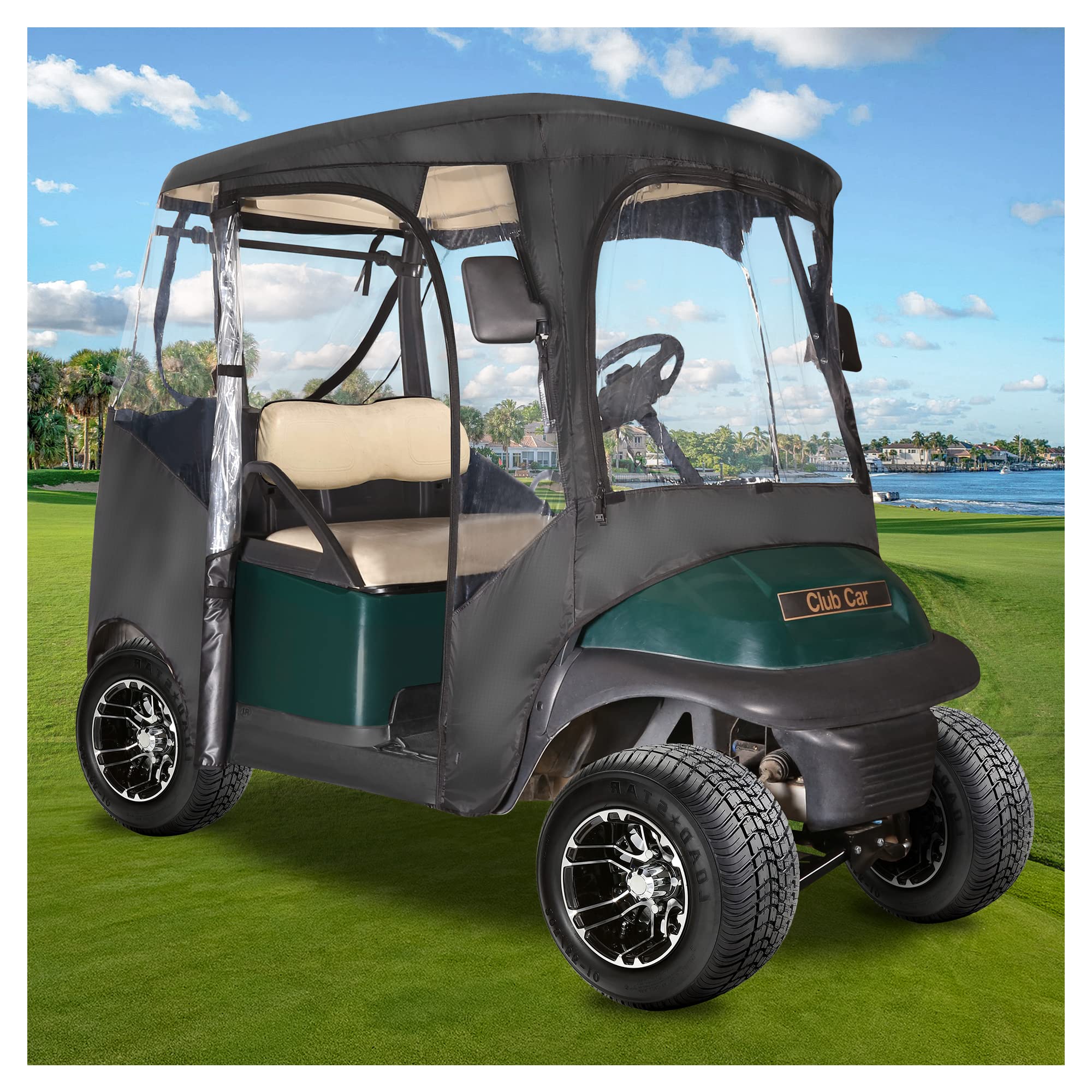 Photo 1 of 10L0L Golf Cart Enclosure for 2 Passenger Club Car DS and Precedent, Waterproof Windproof Oxford Cloth 4-Sided Full Protection Golf Cart Rain Cover Driving Enclosure (Black/Transparent)