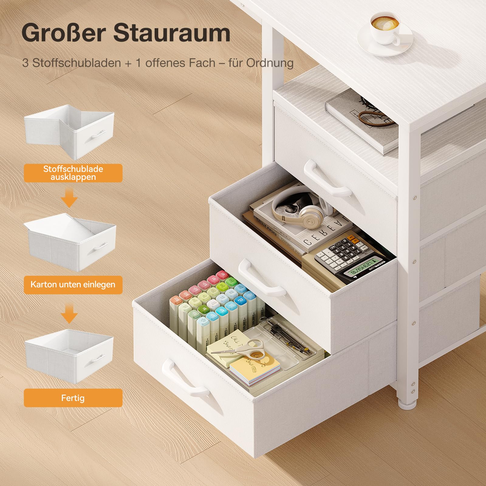 ODK Kleiner Schreibtisch mit 3 Schubladen aus Stoff, 100x48x75,5 cm Computertisch mit 2 Steckdosen und USB-Anschlüssen, Umkehrbarer PC-Schreibtisch Bürotisch für kleines Home Office, Weiß