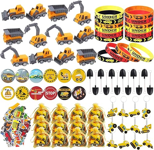 122 piezas de regalos de fiesta de construcción temática de construcción, suministros de fiesta de mini vehículos de construcción, pulseras de goma, disponible en Yaxa Colombia