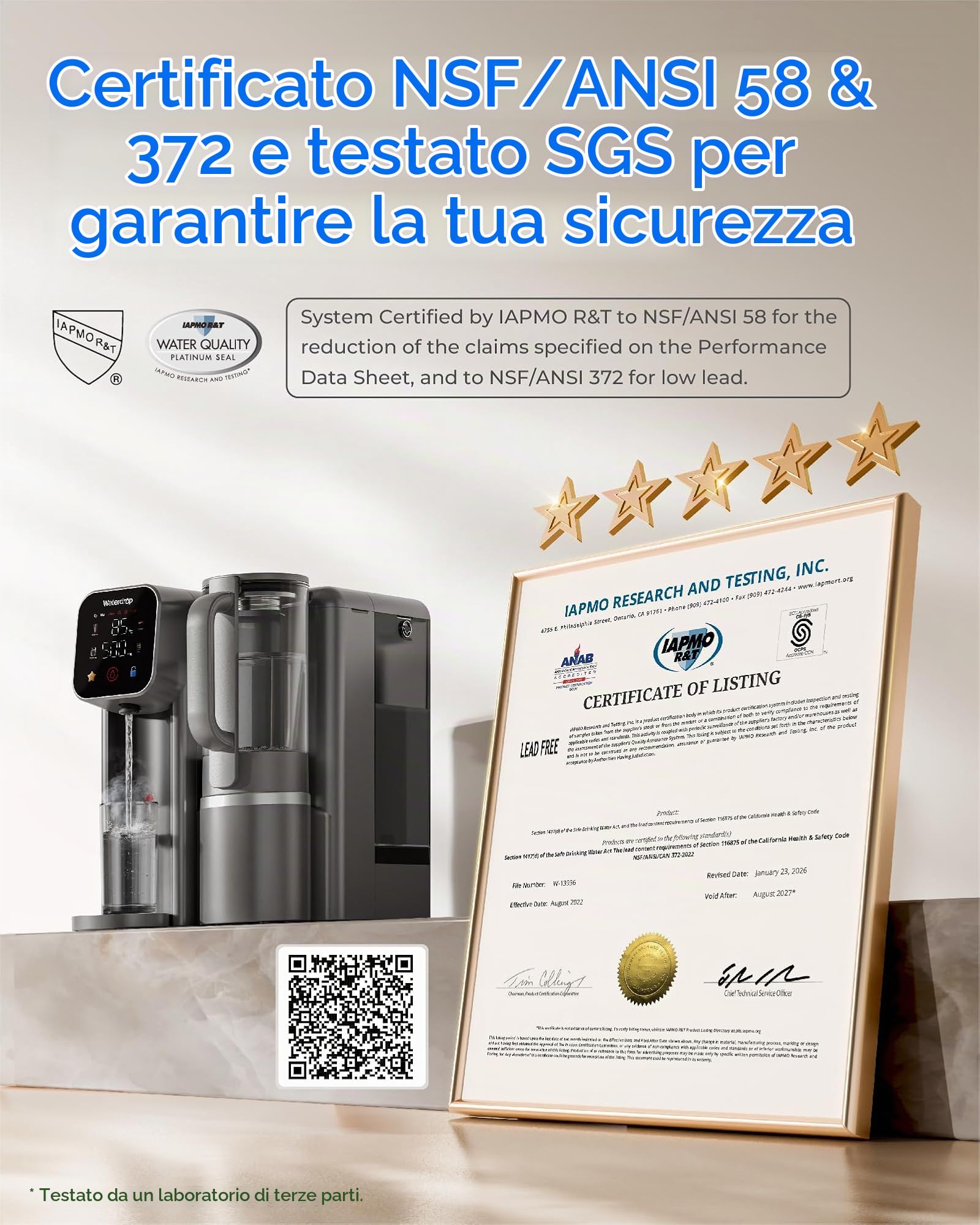 Waterdrop M6HG Mineralizzata Osmosi Inversa, Acqua Calda Istantanea, Certificato NSF/ANSI 58 & 372, 8 Stadi di Filtrazione, Rapporto Acqua Pura/Scarico 3:1, 5 Temperature, Caraffa in Vetro, Senza BPA