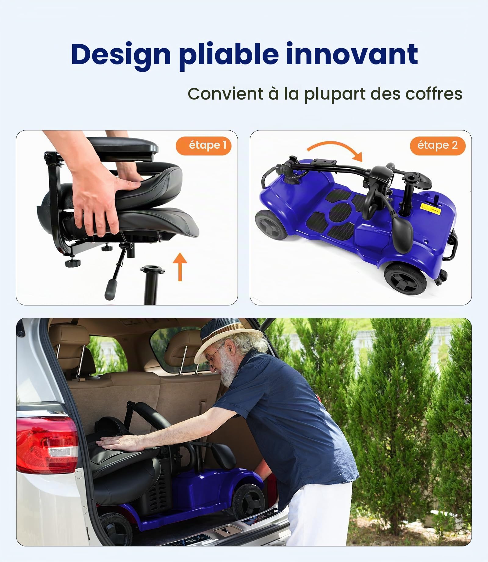 VOCIC D42 Scooter de mobilité Pliable BIS 135KG,20KM Scooter électrique | 4 roues tout terrain avec bâche et panier,Scooter de mobilité stable avec pneus increvables, Support 5 ans| Bleu