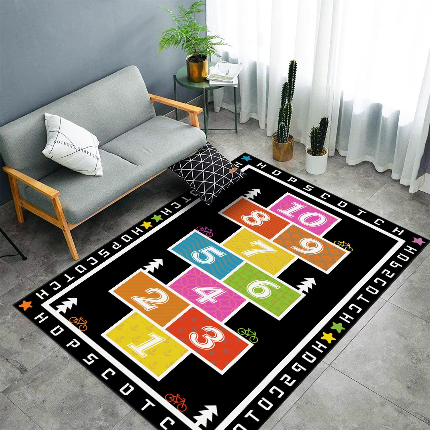 Sejiarep Colorful Hopscotch Rug for Kids Room?Playroom Kindergarten Nursery Decorative Mat?Fun and Playful Play Area Rug (Black, 3x5 ft)