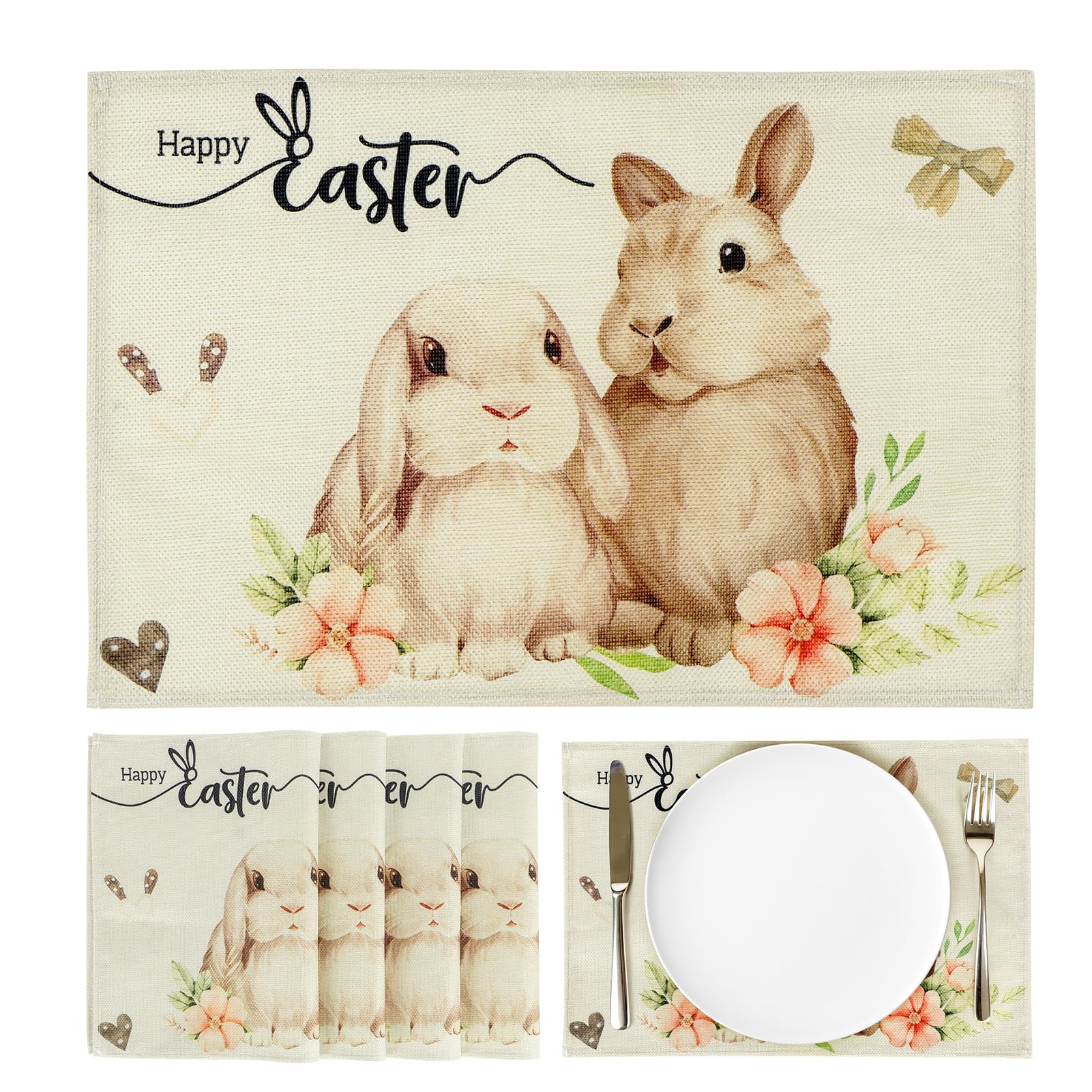 4 Stück Hase Blumen Frühling Tischset Ostern Platzsets, 31×45cm Abwaschbar Frühling Platzdeckchen Osterns Saisonal Küche Tisch Dekoration Drinnen Urlaub Party Deko Osterdeckchen