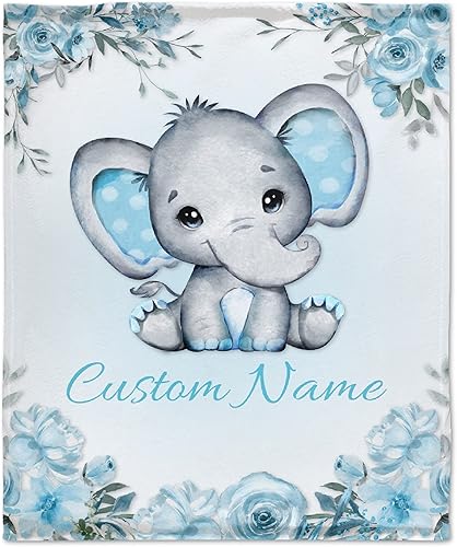Manta personalizada de elefante azul floral con nombre para niñas, manta con nombre personalizado para niños pequeños, regalos personalizados para