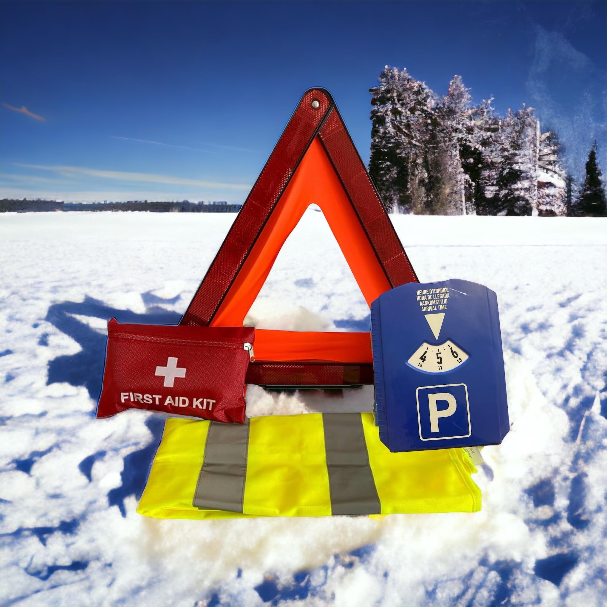 RMY Kit Gilet Jaune et Triangle de signalisation - Norme CE, Gilet Jaune,Triangle de signalisation, Trousse de Premiers Secours, Disque de stationnement, Premiers Secours en Cas d'accident