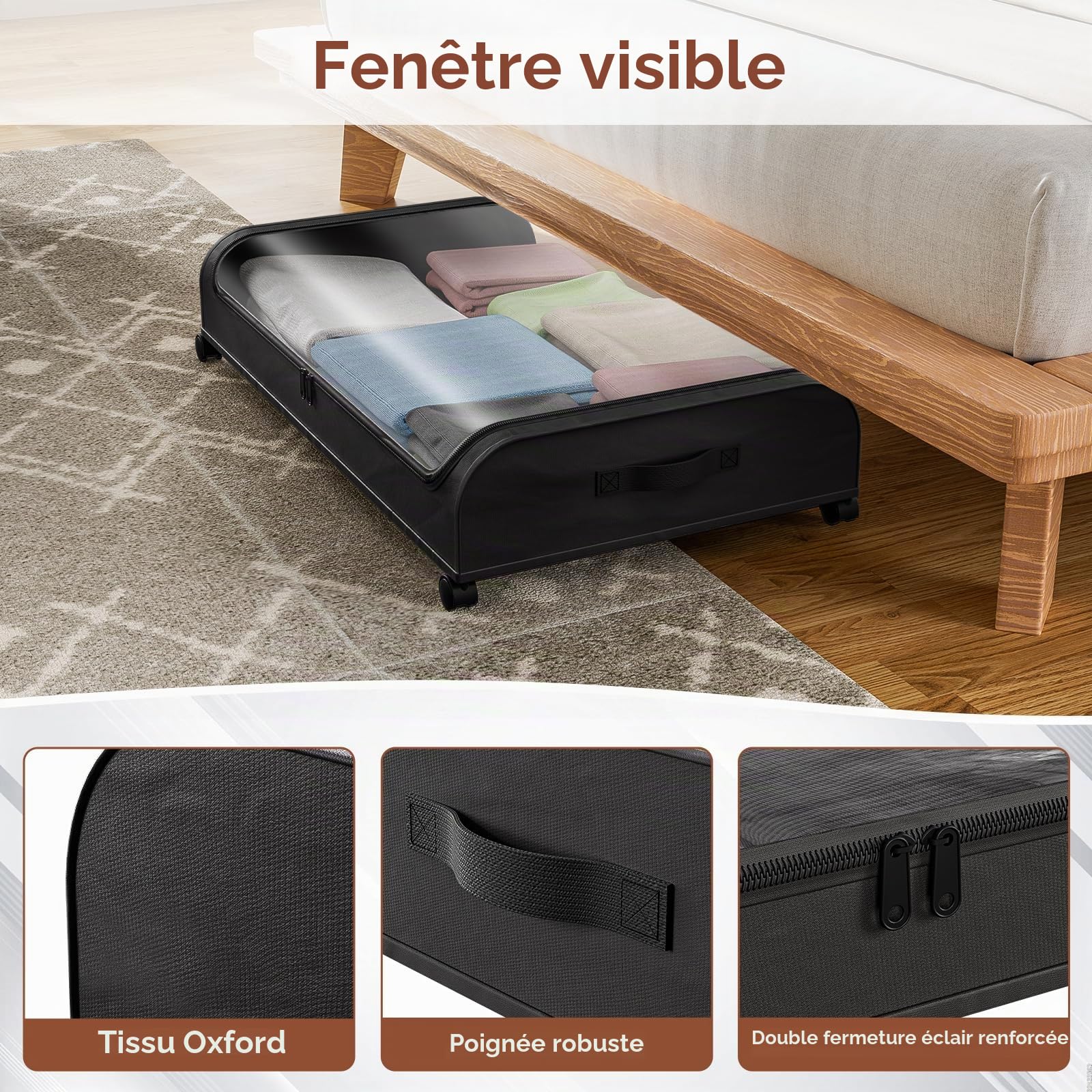 2pcs Sacs de Rangement sous Lit avec Roues 50L Bacs de Rangement