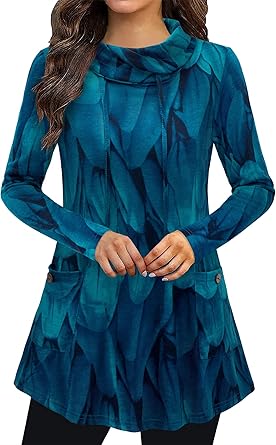 Bulotus Fall Sweaters for Women 2025 Cowl Neck Asymmetrical Long Tunics for Leggings Vacation Travel Tops with Pockets