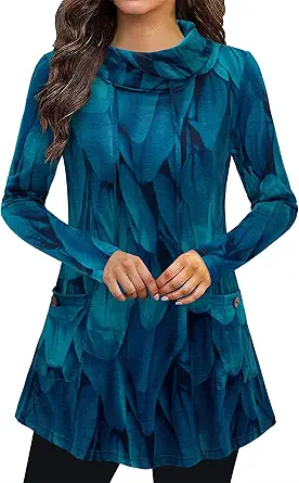 Bulotus Fall Sweaters for Women 2025 Cowl Neck Asymmetrical Long Tunics for Leggings Vacation Travel Tops with Pockets
