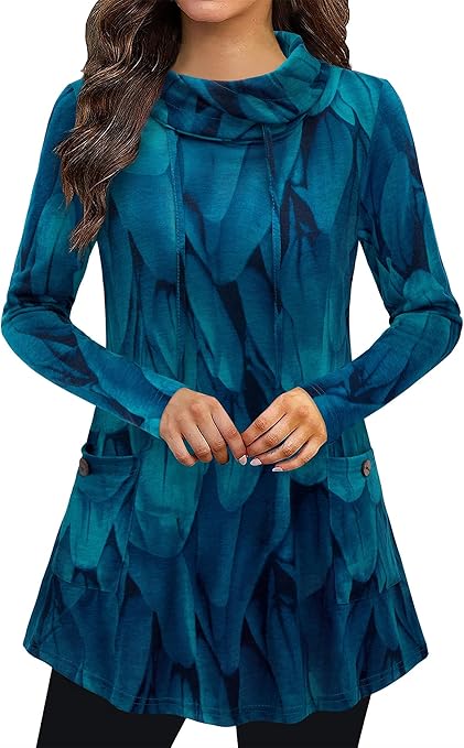 Bulotus Fall Sweaters for Women 2025 Cowl Neck Asymmetrical Long Tunics for Leggings Vacation Travel Tops with Pockets