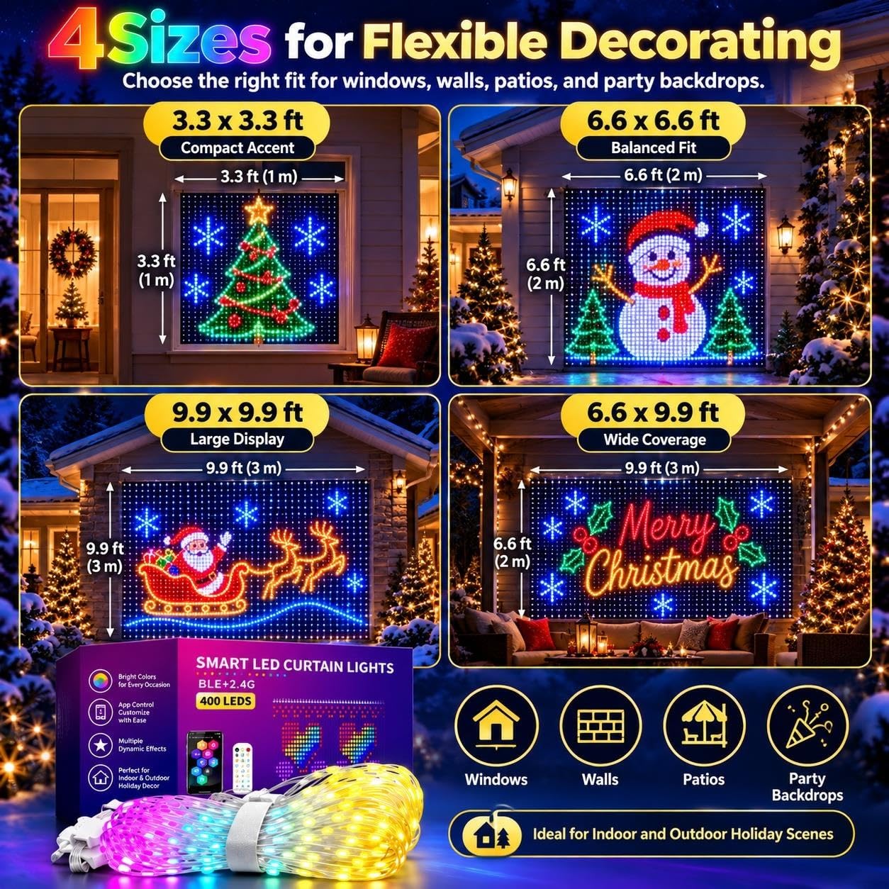 Smart RGB LED Curtain Lights, 400 LED Outdoor Wall Display with App&Remote