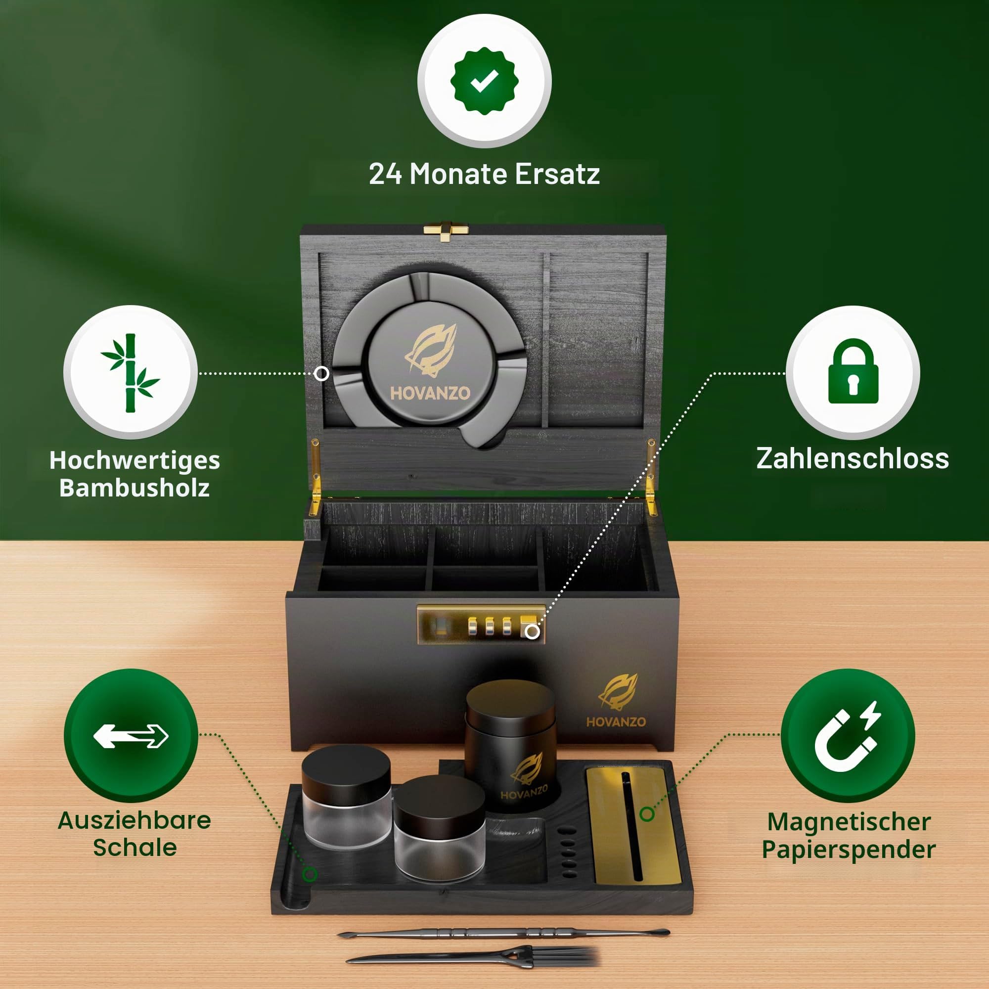 HOVANZO Premium Große Bambusbox - Verriegelung Aufbewahrung Dekorative Box mit Zahlenschloss - Aufbewahrungsbox Holz Verriegelung Aufbewahrungsbox mit Rolltablett - Aufbewahrung Holzkiste mit Zubehör