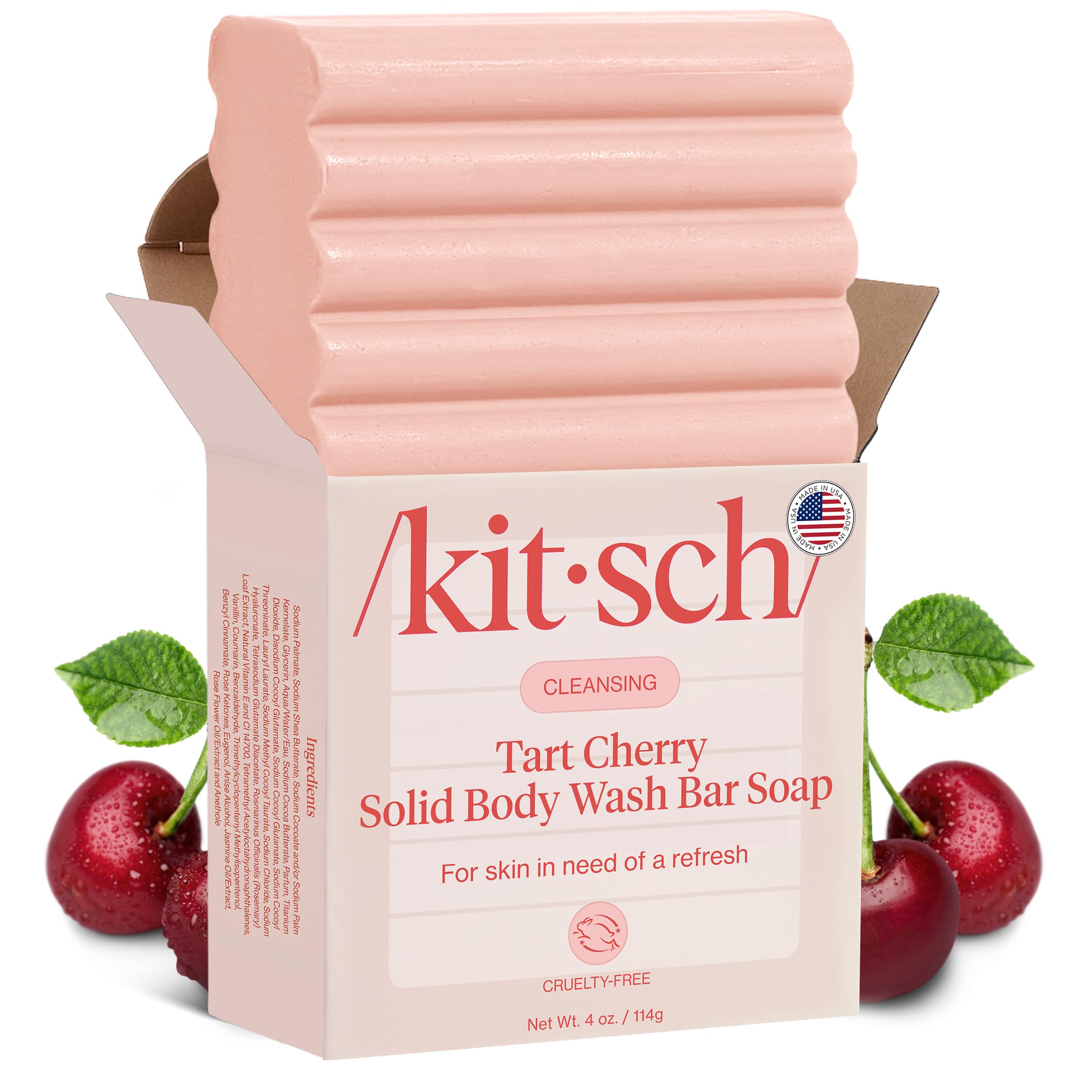 Kitsch Cleansing Tart Cherry Soap Bar with Refreshing Scent - Eco-Friendly Body Wash Women Love - Cherry Solid Bar Soap for Daily Use - Silicone, Sulfate and Paraben Free - 4oz