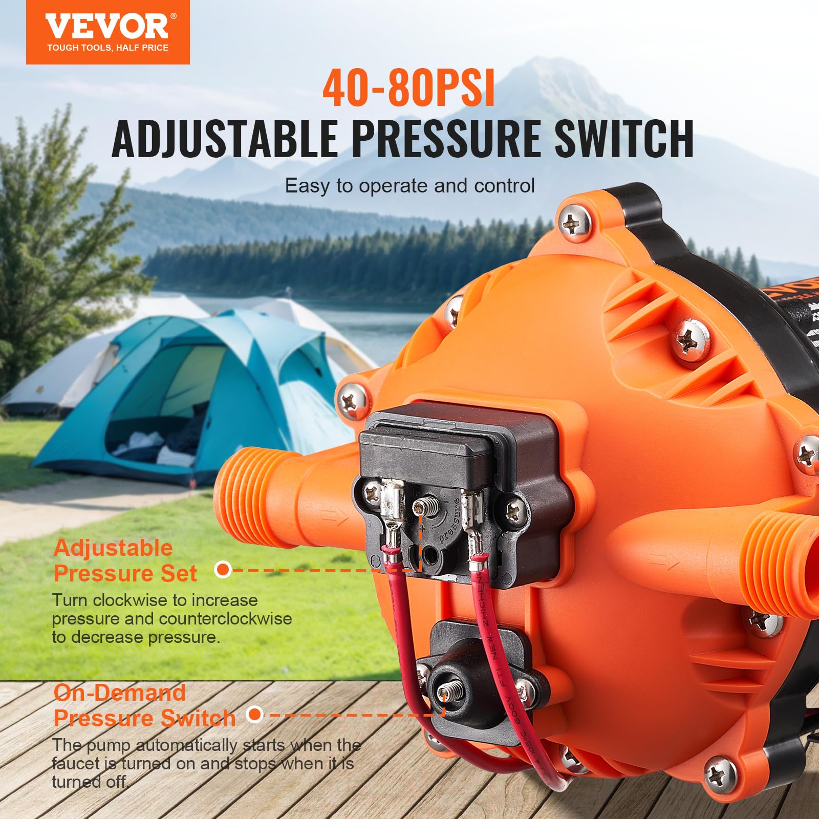 VEVOR Pompa a Membrana 12V, 5 GPM 18,93 L/min, Pompa per Acqua a 5 Camere 12 Volt CC con Pressostato Automatico 40-100 PSI Regolabile, 70 PSI, Porta MNPT per Camper Yacht Food Truck Camper Nautica