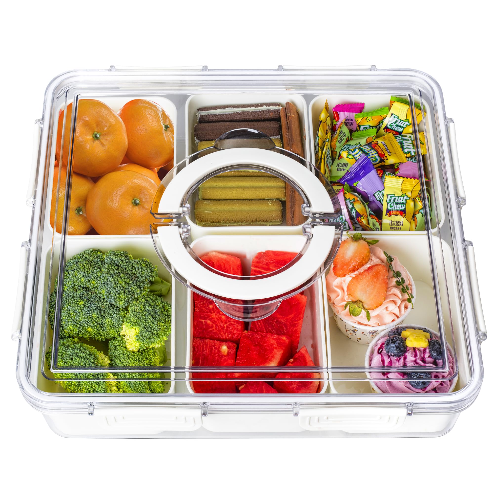 Large Snack Box Container - Portable Divided Serving Tray with Lid and Handle, 6 Compartment Big Snackle Box Charcuterie Container，Veggie Tray for Fruit, Salad, Vegetable, Candy