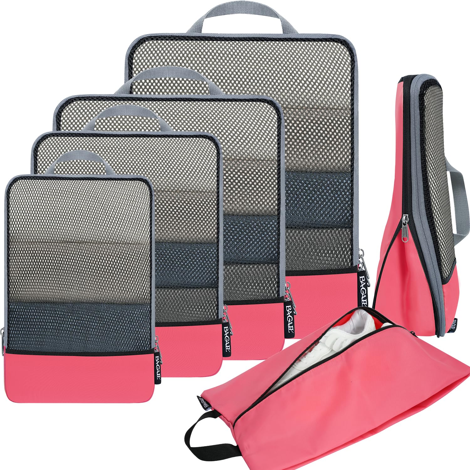 Photo 1 of BAGAIL 4 Set/6 Set/8 Set Compression Packing Cubes Travel Accessories Expandable Packing Organizers (Half Mesh, 6-Coral)