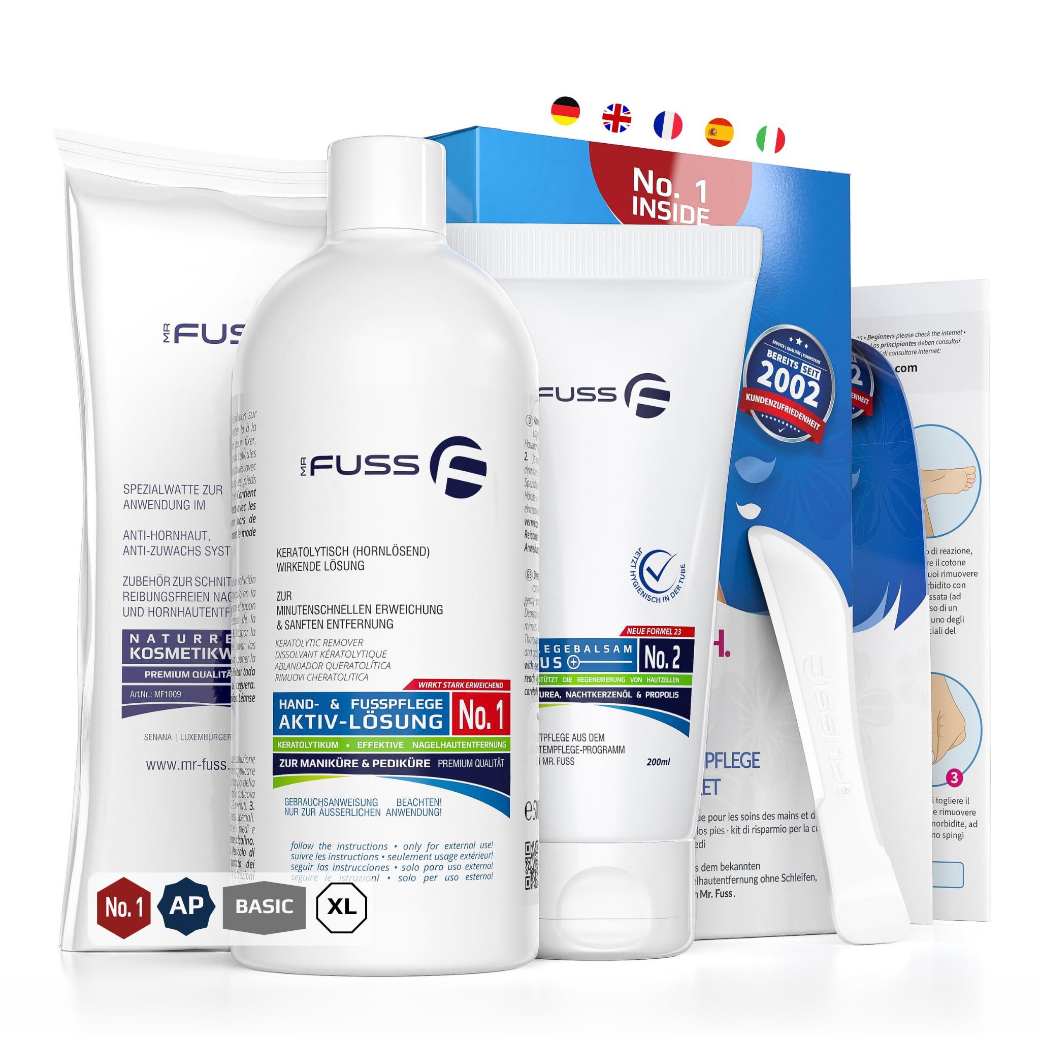 Mr. Fuss® No. 1 - Advanced Pack Basic - Groß, Nagelhaut- Hornhautentferner Sparpaket 4 tlg. Aktiv-Lösung Schnell & Stark erweichend - 500 ml, Balsam No. 2-200 ml, Watte, Schaber