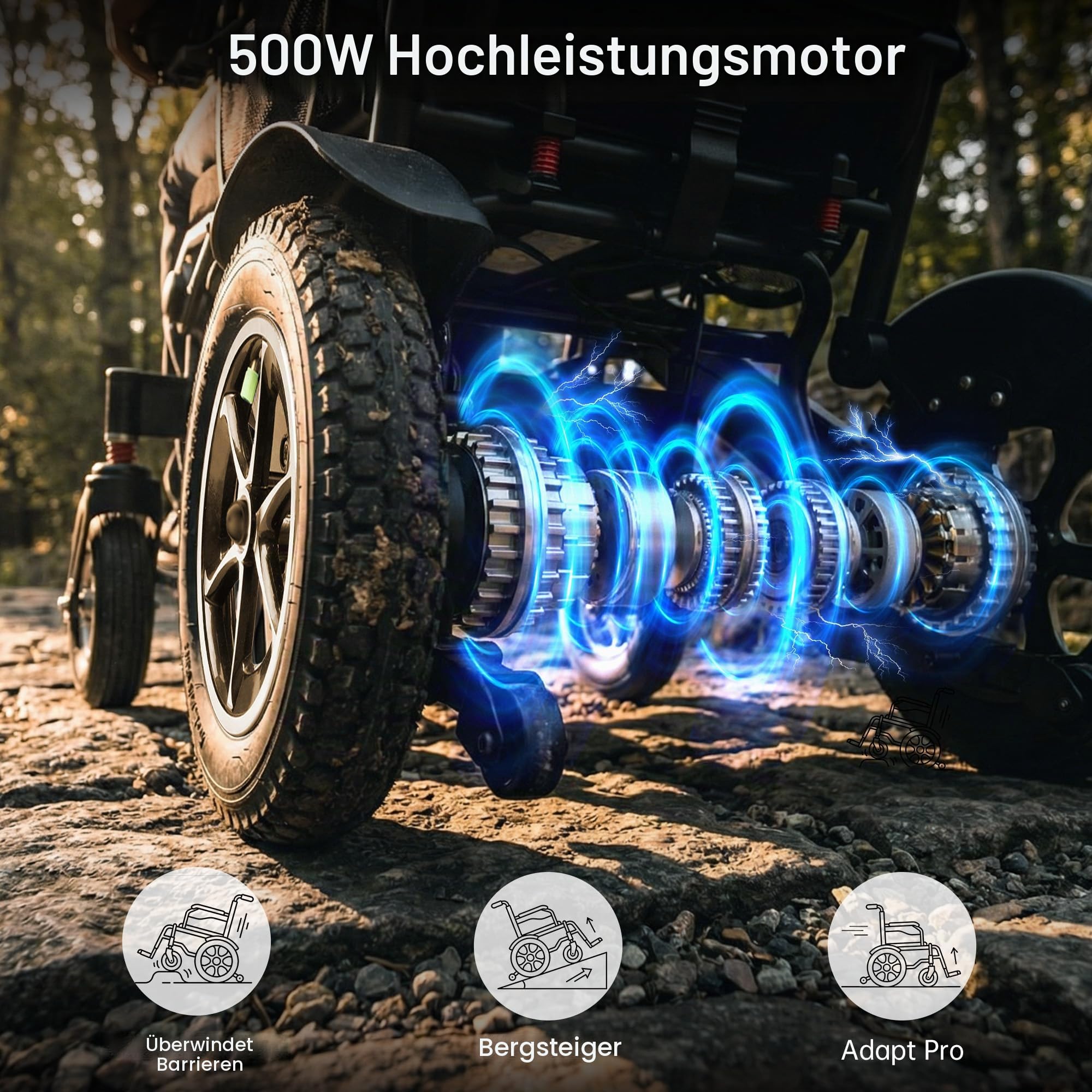 Elektrischer Rollstuhl Faltbar Leicht, 500W All-Terrain Elektrorollstuhl bis 180kg, 25Ah Premium Akku für 48km Reichweite, 13" Große Reifen Rollstuhl Elektrisch für Senioren & Autoreisen