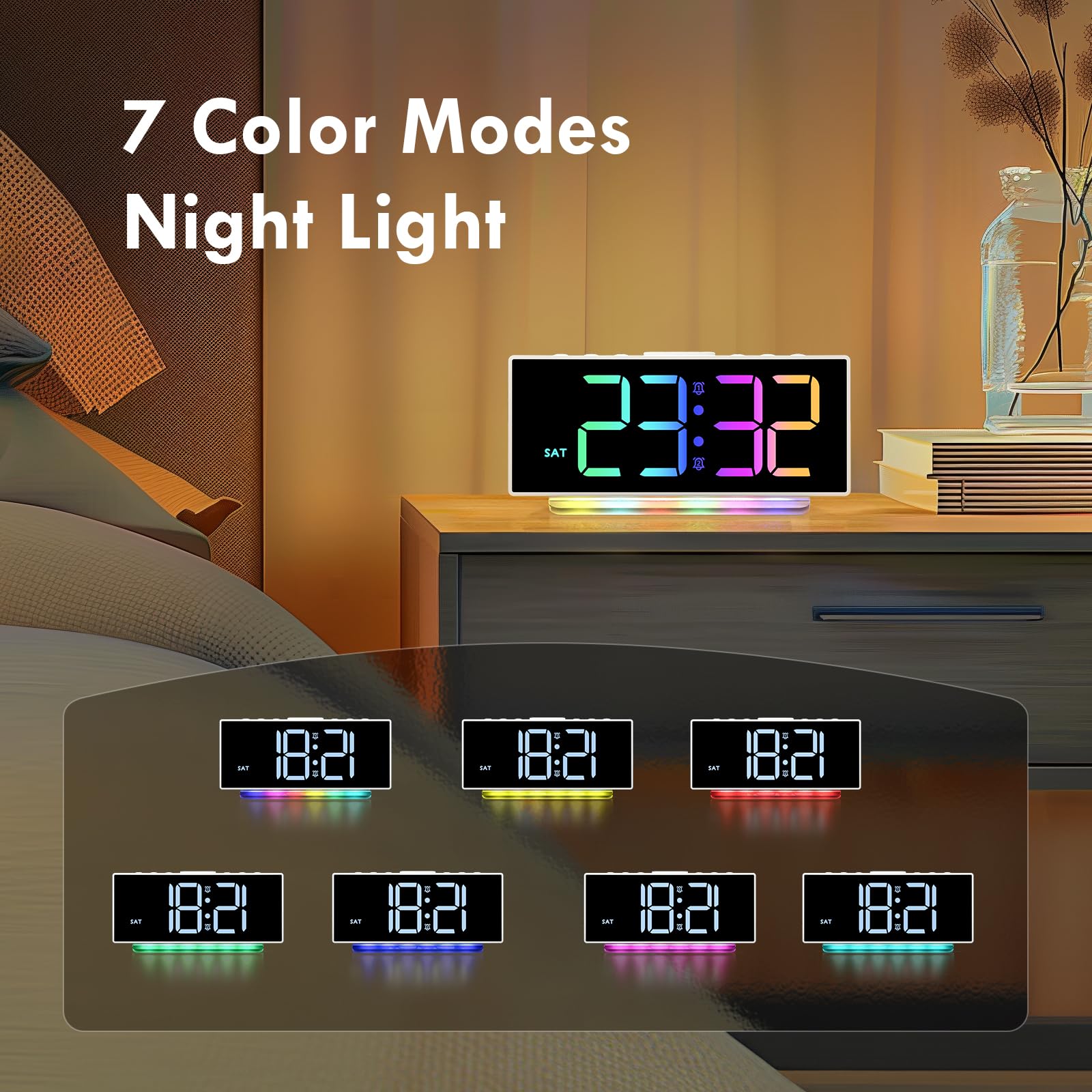 HERMIC Sveglia da Comodino, Sveglia Digitale con Display 8 Colori, Snooze, 2 Allarmi, 4 Livelli di Luminosità, Luce RGB 7 Colori, Volume Adattabile, Alimentato da rete (Adattatore Incluso)