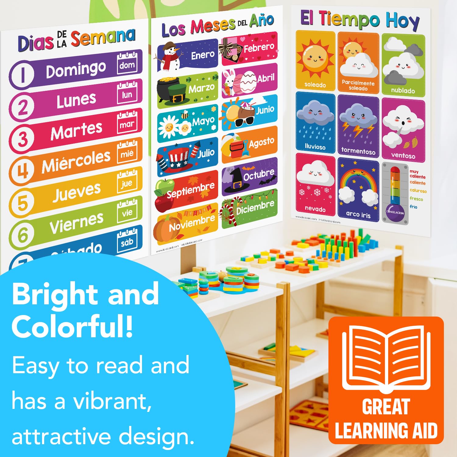 Carteles educativos en español para niños, paquete de 14 decoraciones bilingües para el aula y la escuela en casa y materiales escolares, preescolar a grado 3, cartulina duradera y brillante, 11 x 17