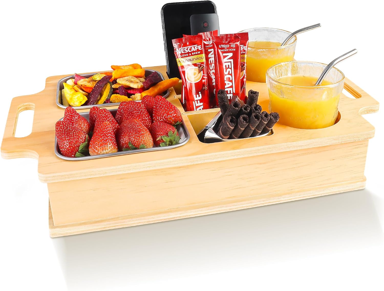 Couch Cup Holder, Movie Nights Supplies, Wooden Couch Caddy with Stainless Steel Snack Fruit Tray for Bed RV Organizer, Cup Drink Storage Anti-Spill Sofa Cup Holder for Phone Snacks Beverage Remote
