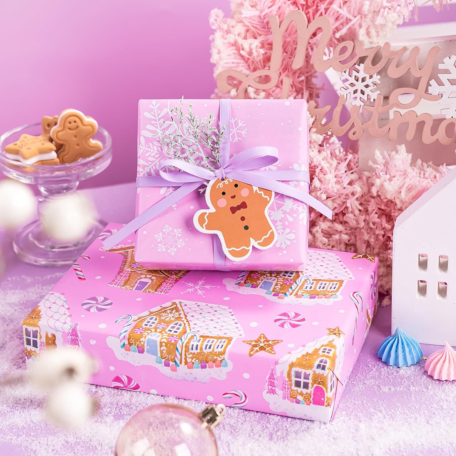 WRAPAHOLIC Reversible Gingerbread Christmas Wrapping Paper - Mini Roll - 17 Inch x 33 Feet - Pink Gingerbread House and Snowflake with Embossed for Christmas, Holiday, Party Celebration image 5