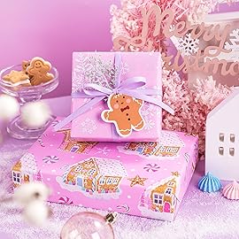 WRAPAHOLIC Reversible Gingerbread Christmas Wrapping Paper - Mini Roll - 17 Inch x 33 Feet - Pink Gingerbread House and Snowflake with Embossed for Christmas, Holiday, Party Celebration