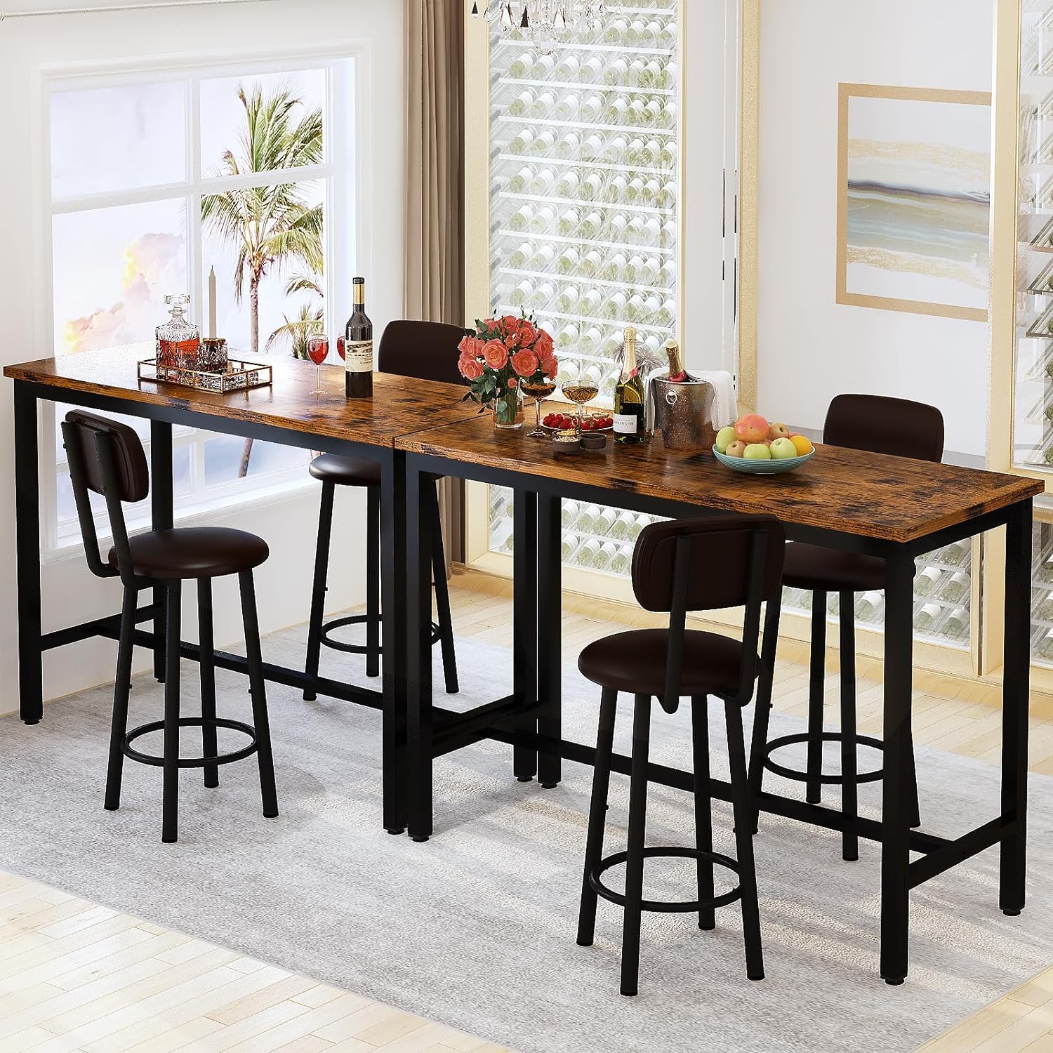 AWQM 47.2"" Pub Height Table Set for 4,Kitchen Dining Set with 2 Bar Table Table and 4 PU Leather Stools with Backrest,for Breakfast Nook,Living Room,