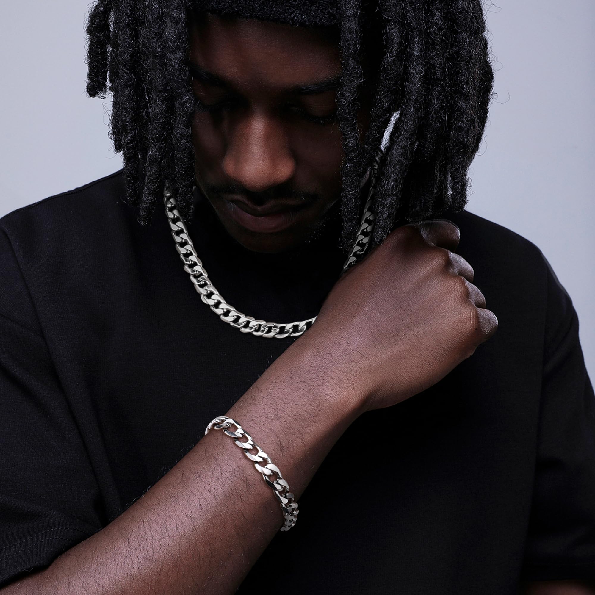 LOLIAS Bracciale Collana Catena Uomo Donna Acciaio Inossidabile Catena a Grande Sottile Larghezza 5/9 mm, Lunghezza Regolabile Argento Hip Hop Punk Collane Uomo