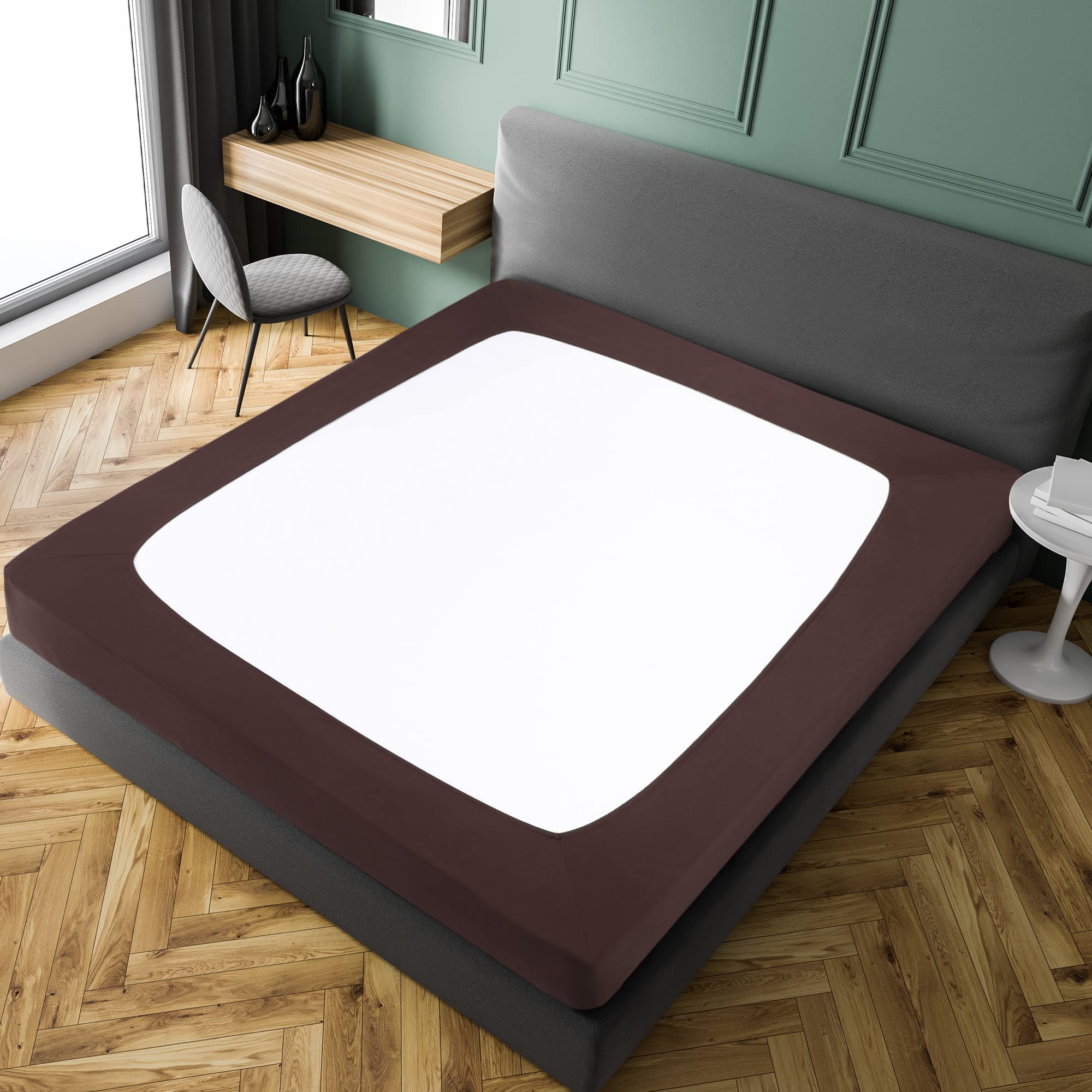 PiccoCasa Boxspring-Bezug, dehnbarer Stoff, 4 Seiten, Bettrock knitterfrei, für Zuhause, elastischer Matratzenbezug, passend für Matratzen bis zu 35,6 cm, Braun