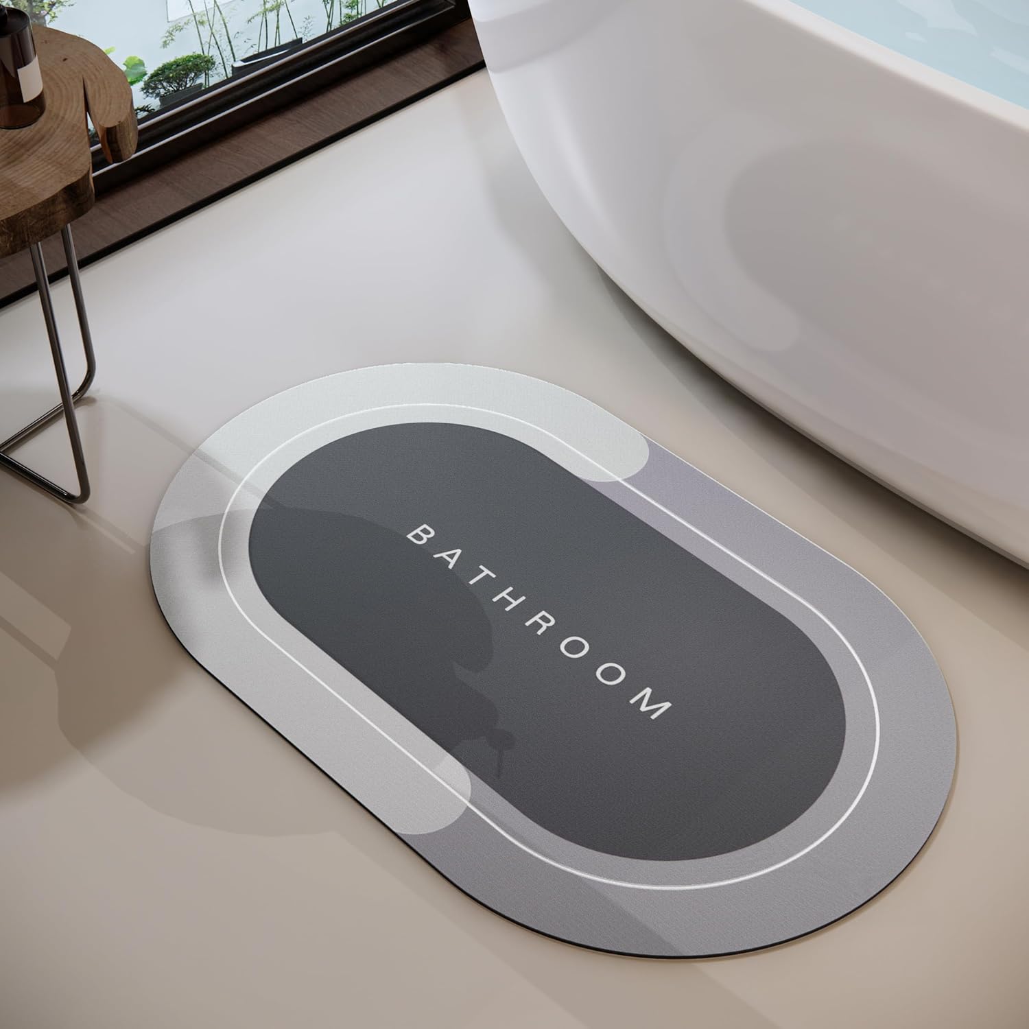 Bath Mats 20x32 Inch, Modernized Magic Mat Bathroom, Rubber Anti Slip Quick Drying Absorbent Bathroom Rug, Shower Room Rugs for in Front of Bathtub, Sink, Gray Grey 1'8" x 2'8" (Oval)