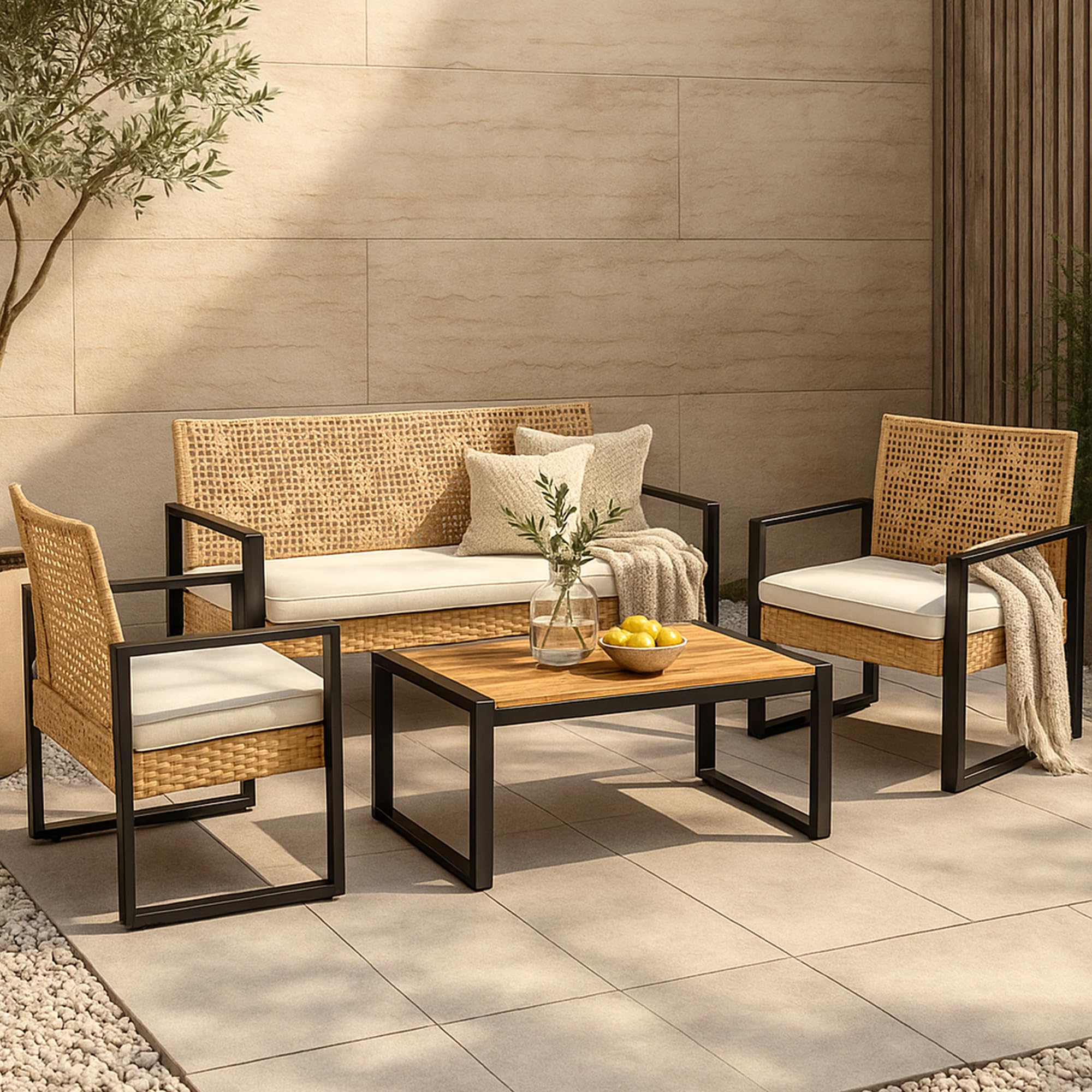 casa.pro Gartenmöbelset Calciano 4-TLG. Balkonmöbel Tisch mit Bank und 2 Stühlen Outdoor Sitzgarnitur Polsterkissen Lounge Möbel Rattan-Optik wetterfest
