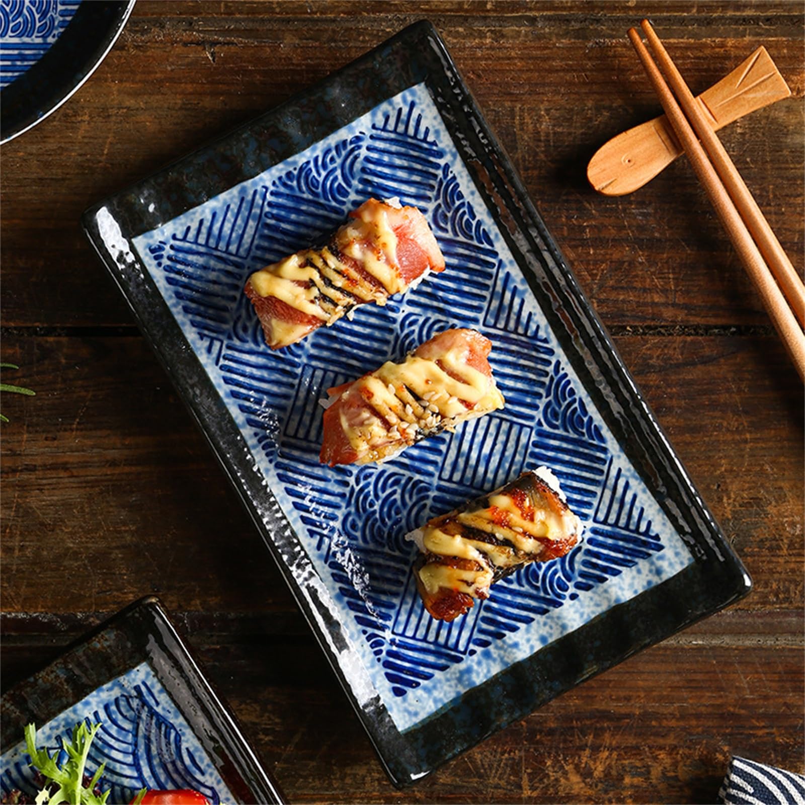 Assiettes Occidentales Assiette rectangulaire japonaise Petits plats pour Restaurants et Familles(Blue 1)