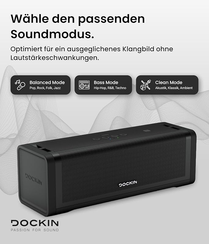 DOCKIN D FINE+ 2 Bluetooth Hangszóró, 50W, IPX5 Vízálló, 16 Órás Üzemidő, Powerbank Funkcióval, 3 DSP Hangszínszabályzóval, Fekete