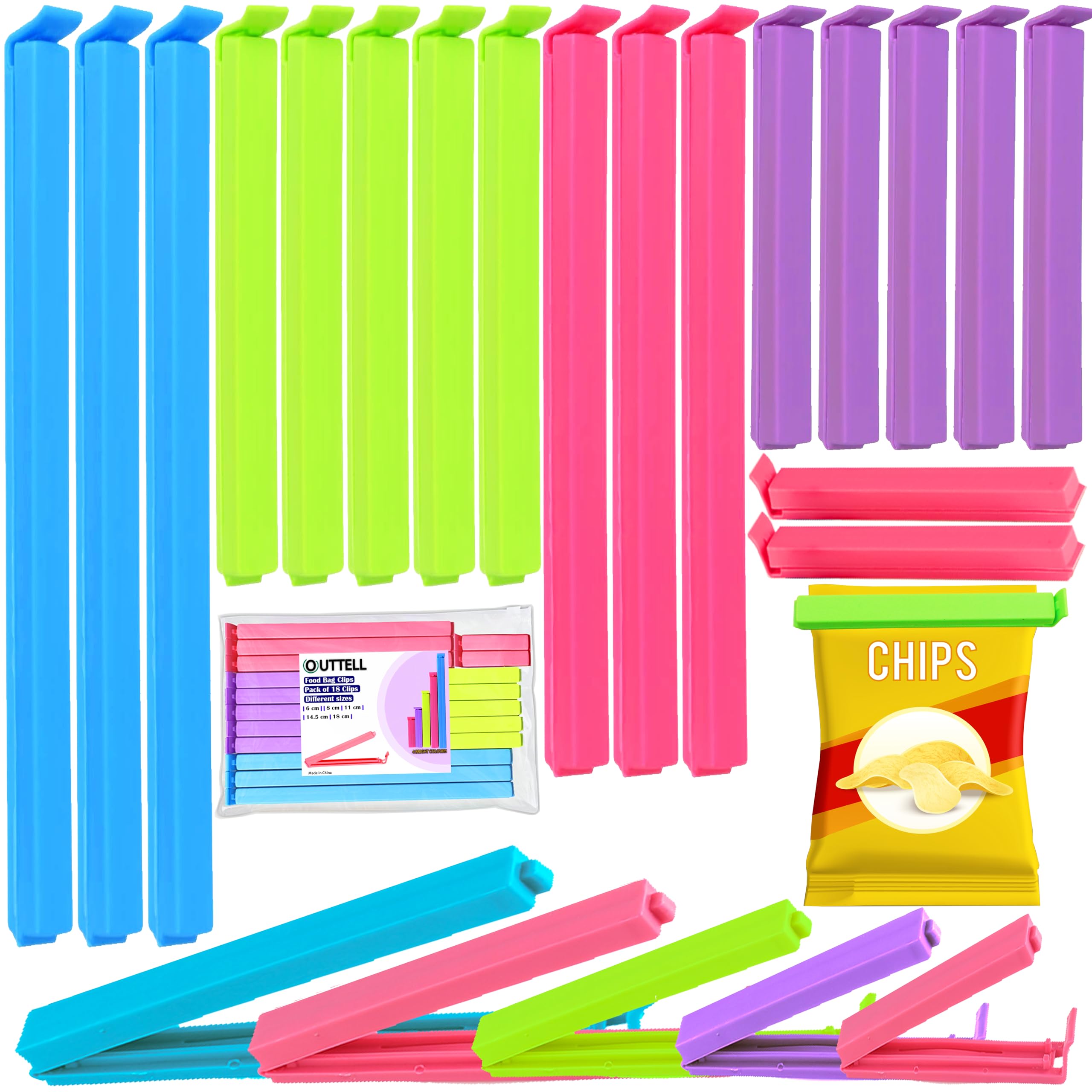 OUTTELL Food Clips 18 Pcs with Storage Bag, Bag Sealing Clips for Sealing Food Storage Bags, Food Bag Clips in 4 Colors, Reusable Plastic Bag Clips for Food Storage for Sandwiches and Snacks (18 Pcs)