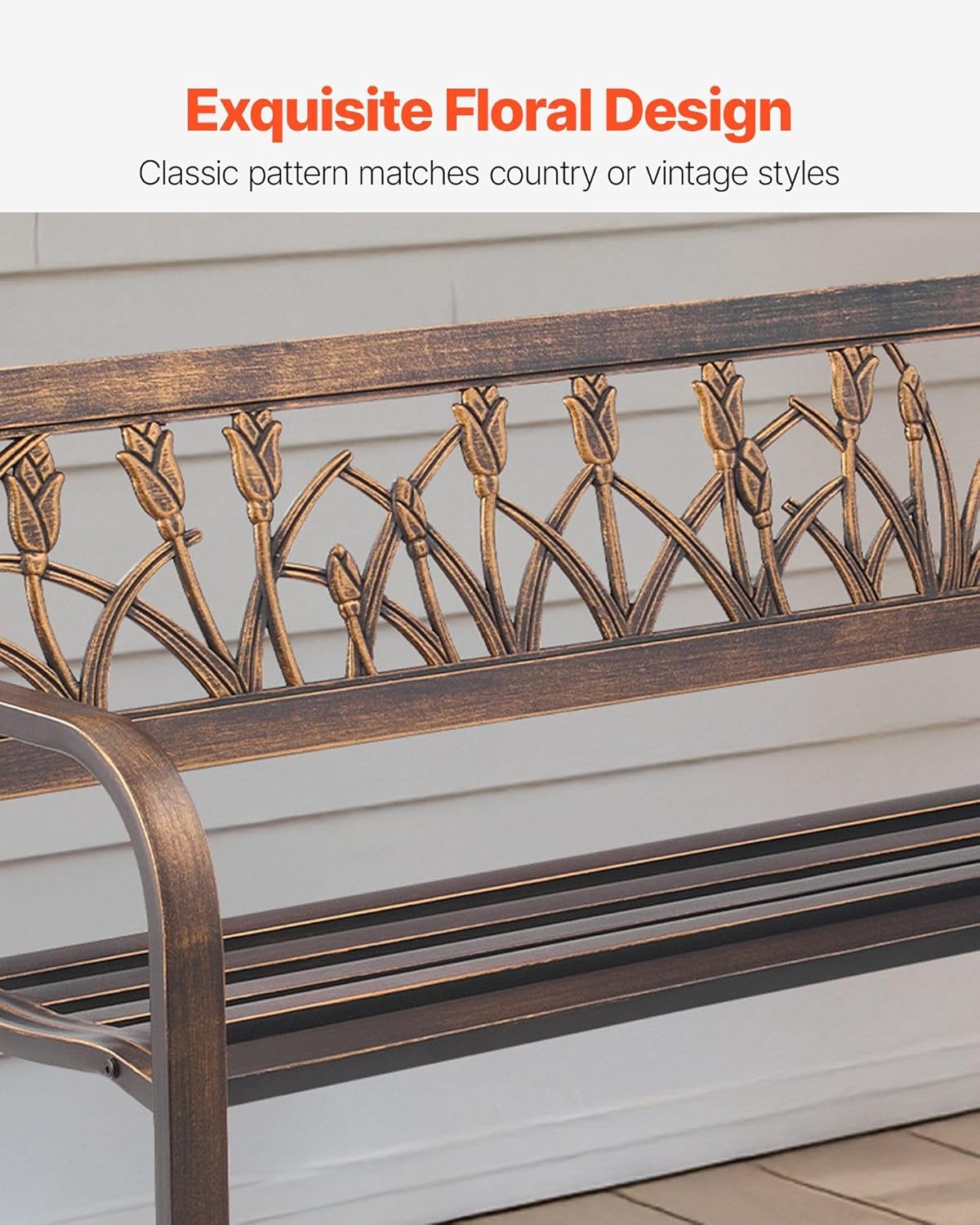 50 Inch Outdoor Bench, Antique Bronze Carbon Steel Frame with Ornate PVC Floral Backrest and Round Edge Armrests, All-Weather Metal Garden Bench for Patio, Porch, Yard, Park
