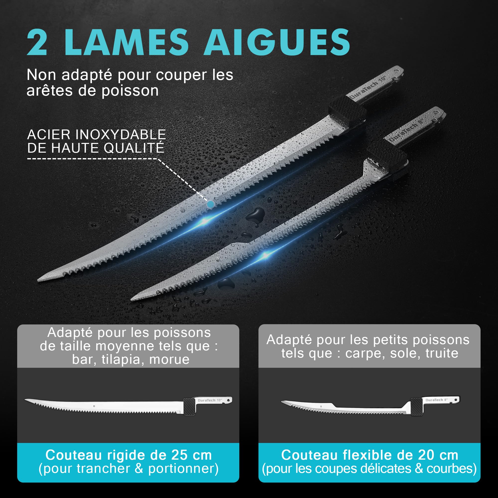 DURATECH Couteau à Filet Électrique sans Fil, Couteau à Filet de Poisson Rechargeable avec 2 Lames(20cm/25cm), Poignée Antidérapante, Verrou de Sécurité, LED, Idéal pour Cuisine, Pêche, Professionnels
