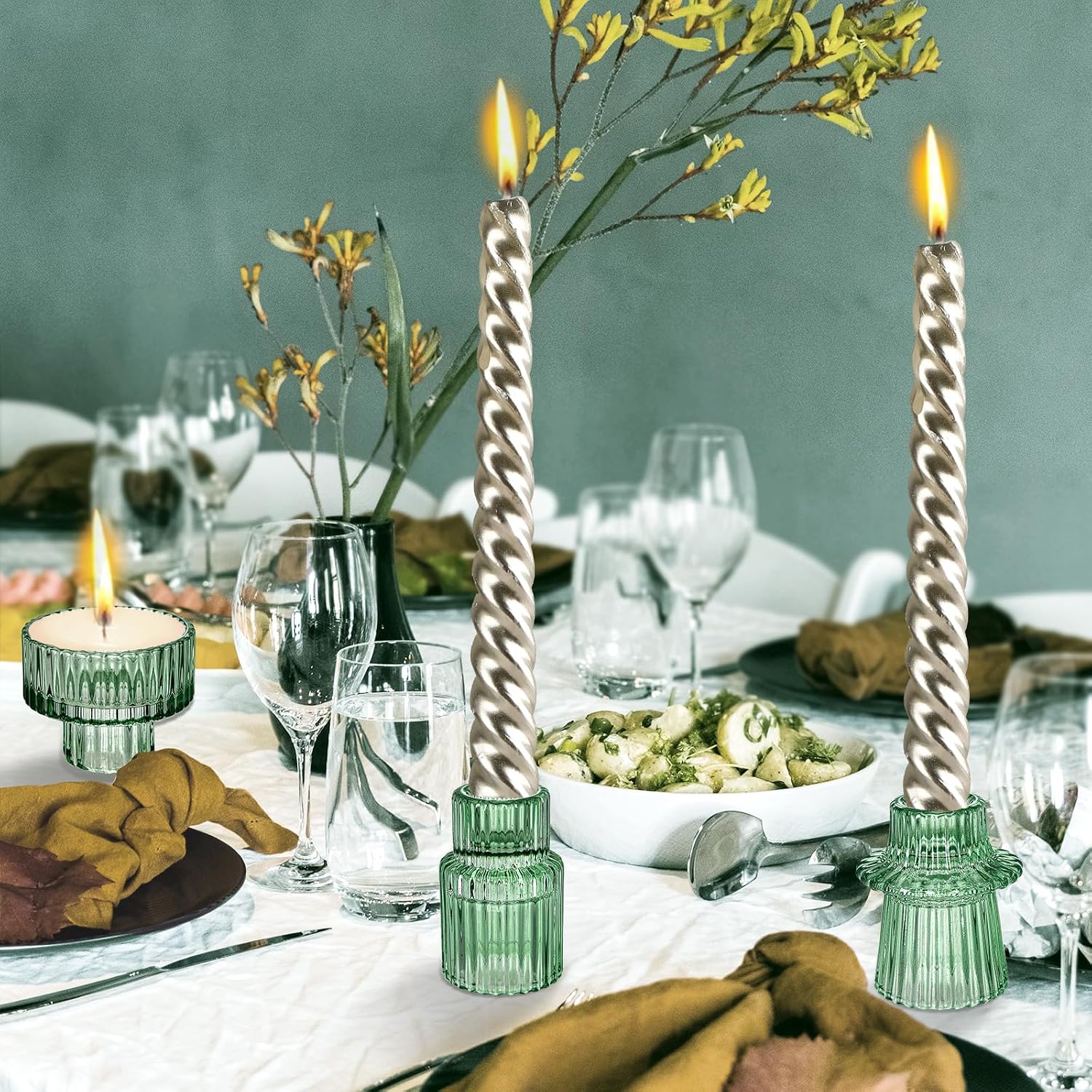 Glass Candlestick Holders - Set of 3 Green Tealight Candle Holder,3 Style Taper Candle for All Formal Events,Table Centerpieces,Wedding, Dinning,Church, Party & Festival Decoration