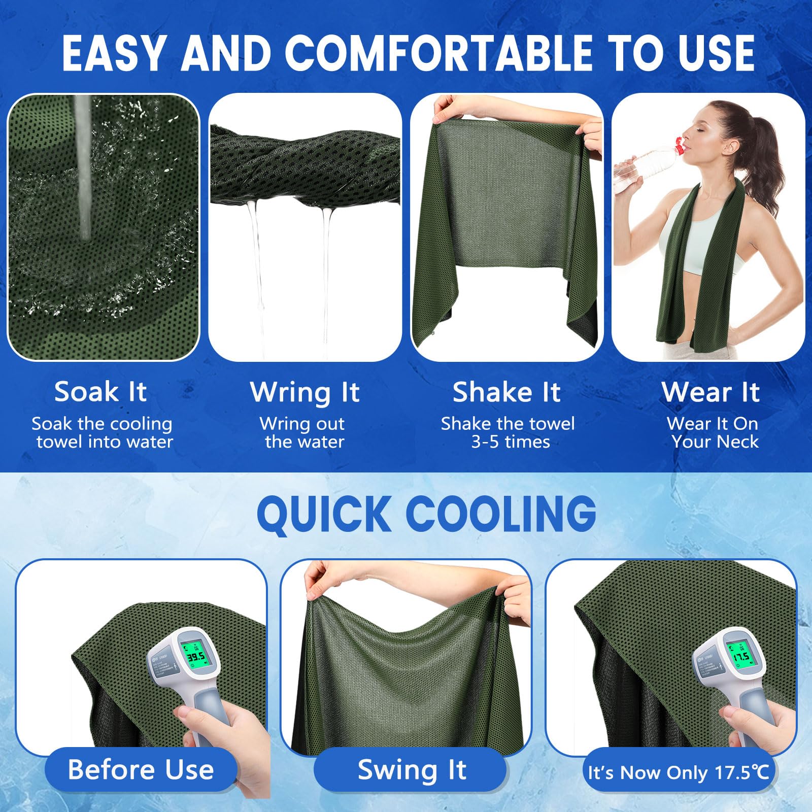 Confezione da 50 Asciugamani rinfrescanti 40"x12" Asciugamani da Yoga Traspiranti Morbidi e Freschi in Microfibra per Allenamento,Collo e Viso,Palestra Golf Sport Corsa (Verde Oliva)