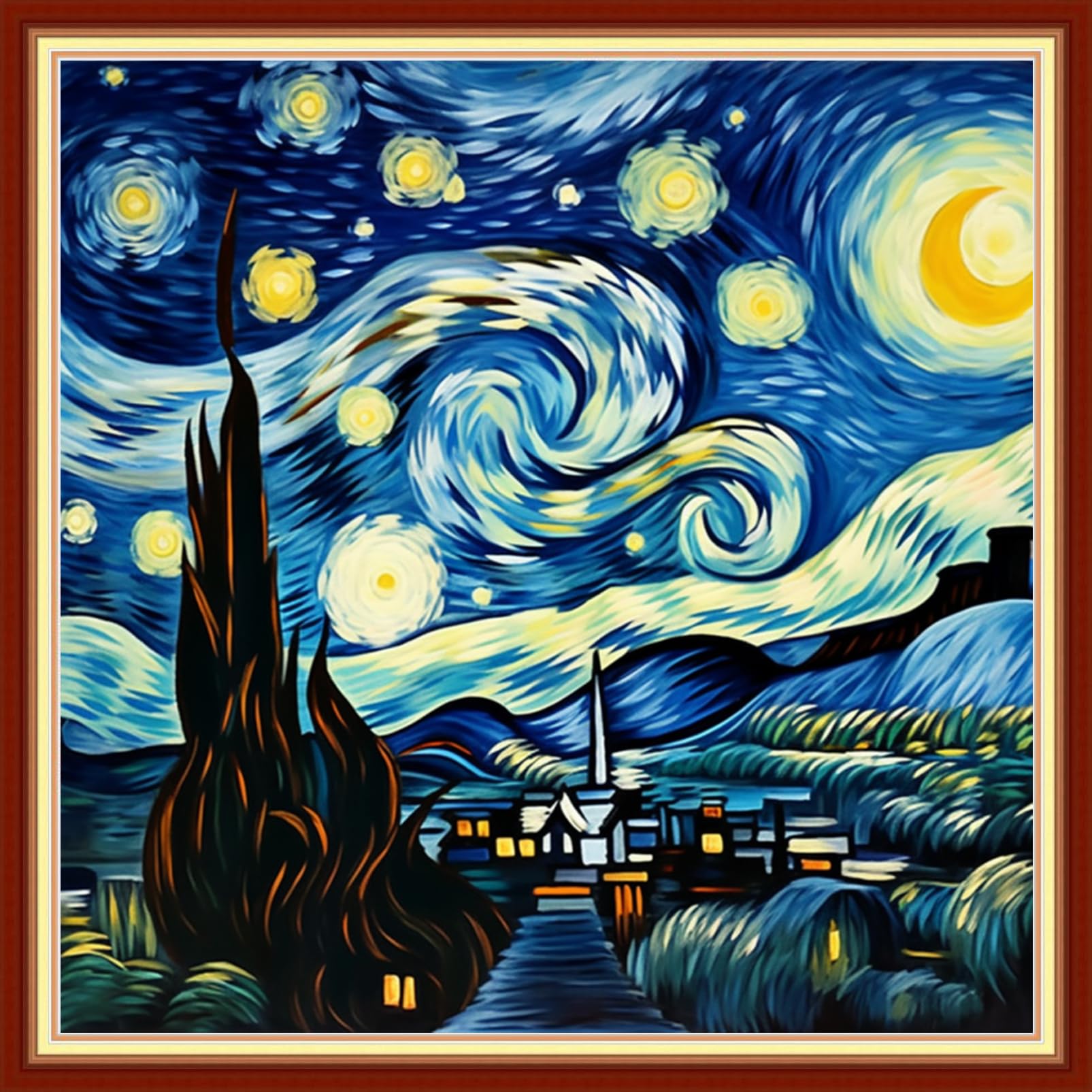 Foxdiviy Stamped Cross Stitch Kits Full Range of Embroidery Needlework Starter Kits for Beginners Adults 11CT Embroidery Patterns Art Crafts DIY Needlepoint Kits-Van Gogh Starry Sky 18x18 inch