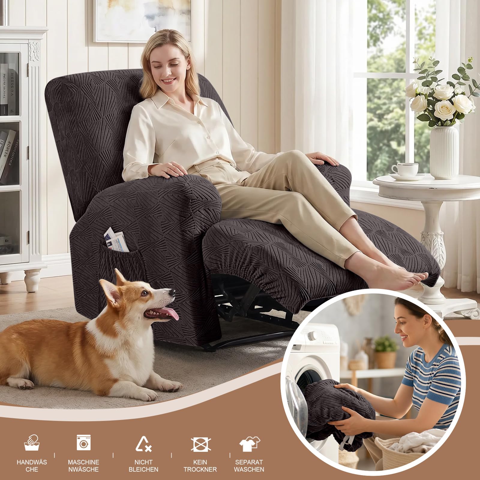 TAOCOCO Stretch Sesselschoner für Relaxsessel mit Armlehnen, Jacquard Sesselüberzug für Fernsehsessel, weich und waschbar Sesselbezug für Haushalte mit Kindern und Haustieren (1-Sitzer, Schokolade)