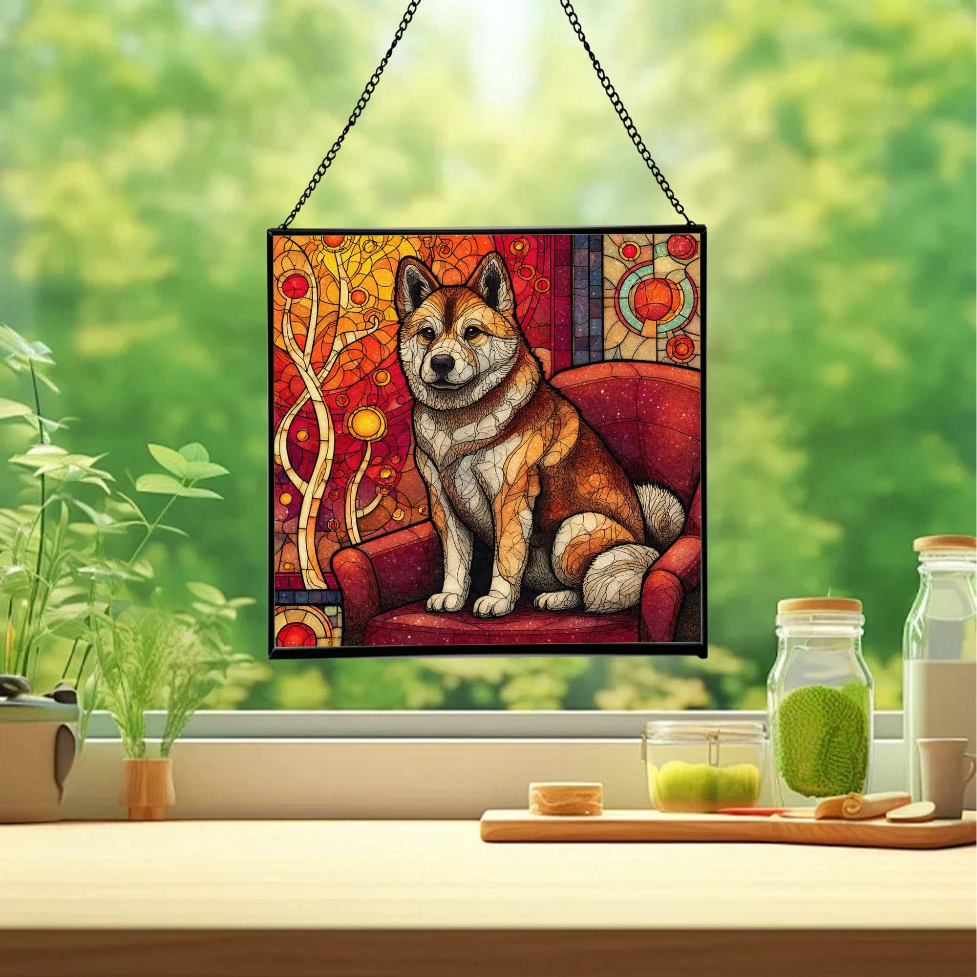 Kai Ken Dog Christmas Stained Glass Suncatcher – Square Hanging Holiday Window Panel with Cozy Fireplace Scene – Winter Glass Art Decoration Gift for Animal Lovers, Pet Owners 2VnZib