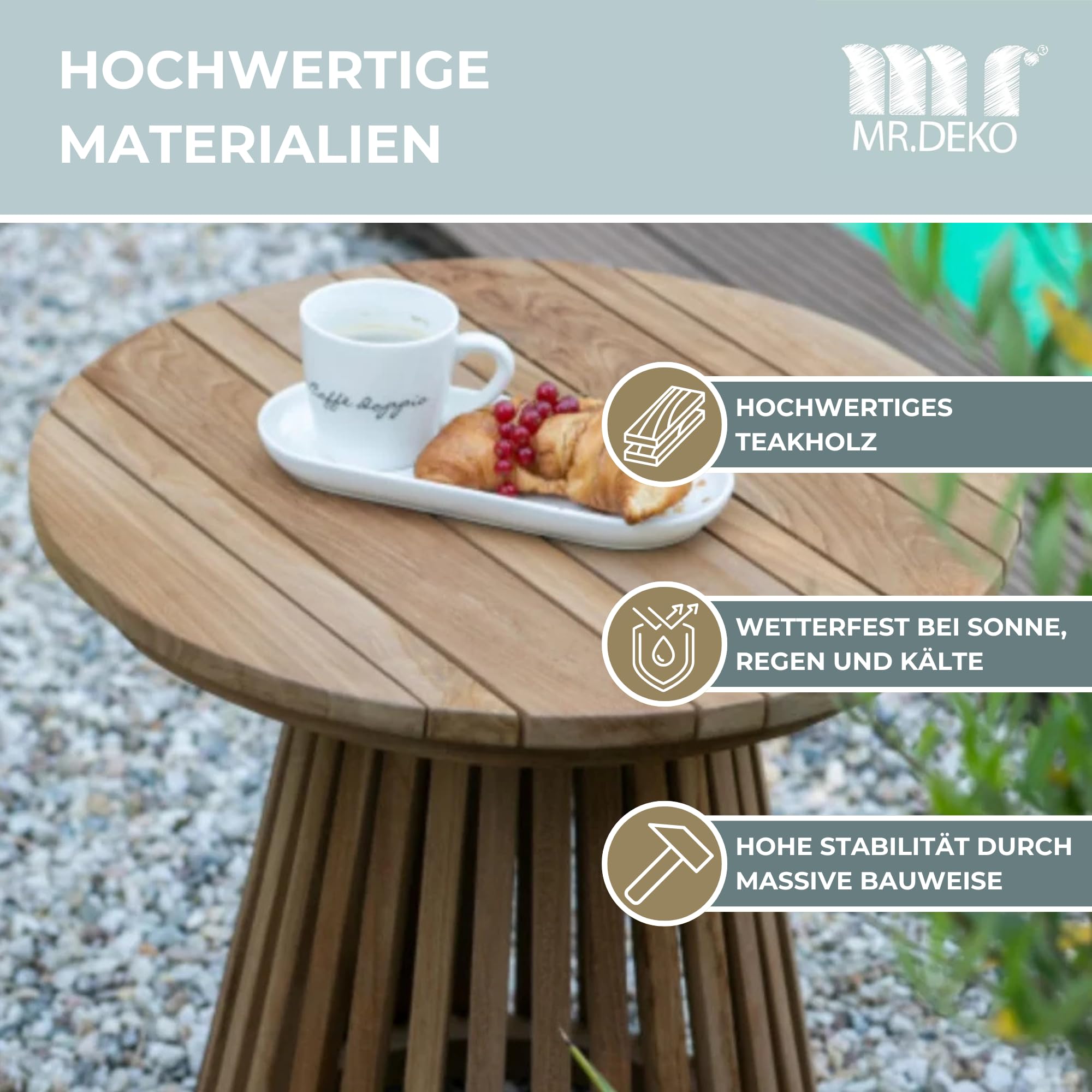 MR. DEKO Beistelltisch Outdoor wetterfest Bolton Balkontisch Rund 50cm | wetterfest Teakholz small