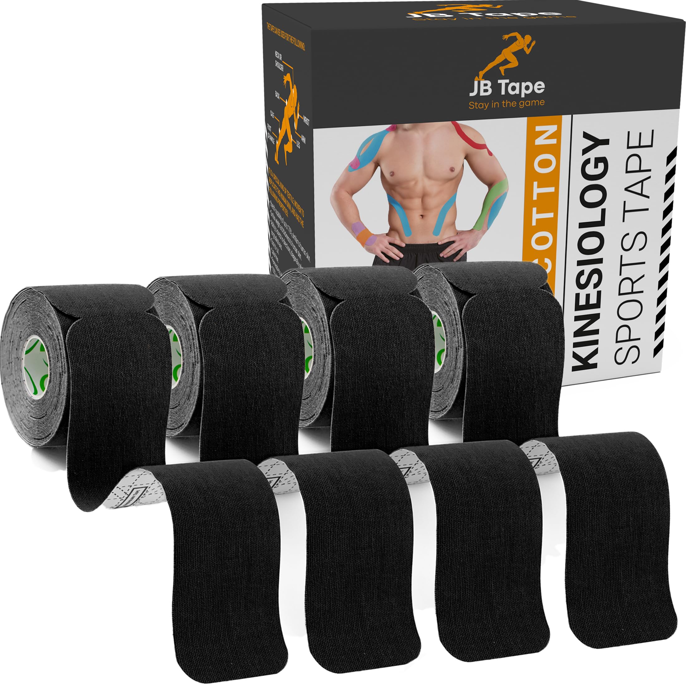 Cinta de kinesiología precortada JB, 4 rollos, resistente al agua, cinta corporal atlética sin látex para dolor articular y muscular, recuperación y soporte deportivo. Incluye Ma