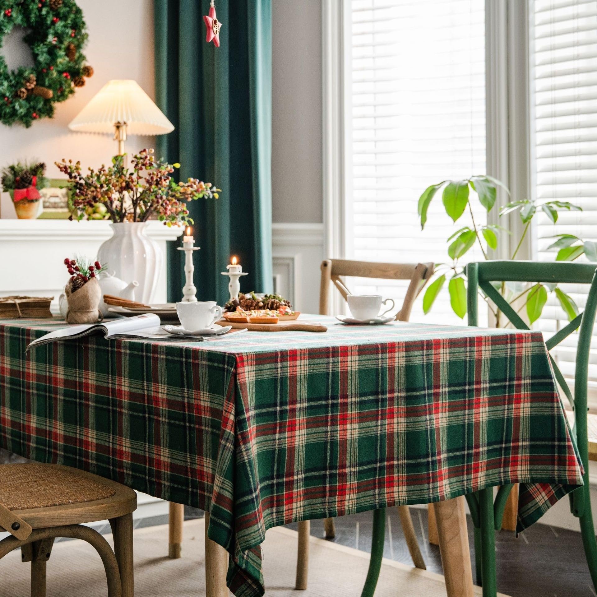 Mantel Navideño Mantel Navideño A Cuadros Verdes Cubierta Rectangular For Mesa Fiesta Cubierta De Mesa Lavable A Prueba De Polvo Mantel Antiarrugas For Decoraciones Mesa Cena Navideña(140*300cm)