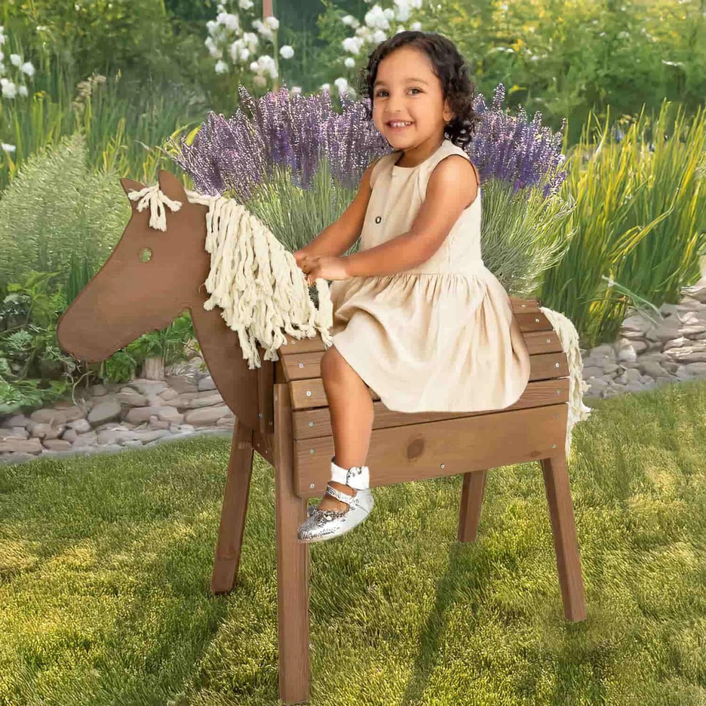 Meppi Outdoor-Pferd Klein - Holzpferd für Kinder - braun - Reitpferd für den Garten