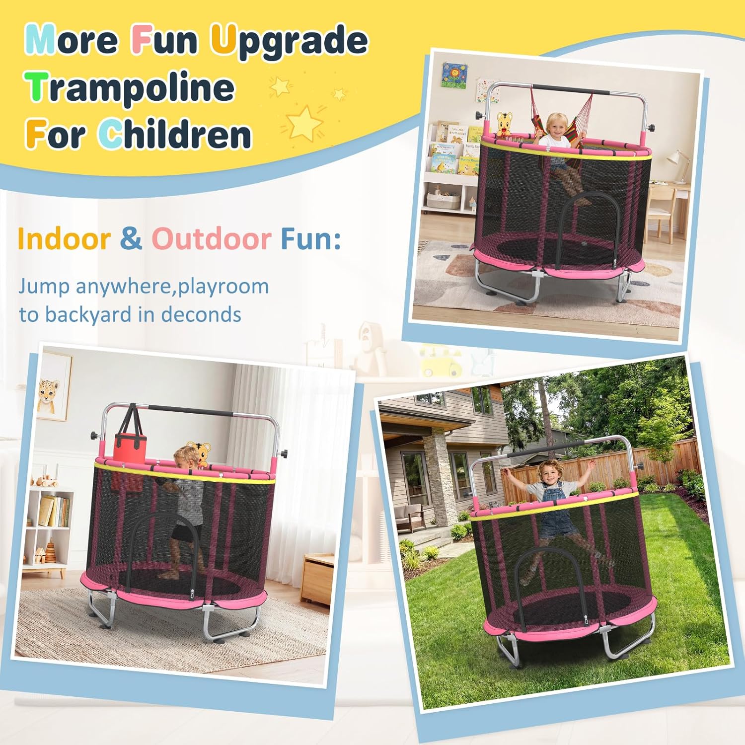 60" Trampoline for Kids, 500lbs Capacity Indoor Outdoor Toddler Trampoline with Adjustable Gymnastics Bar, Gifts for Boy Girl Age 1-8